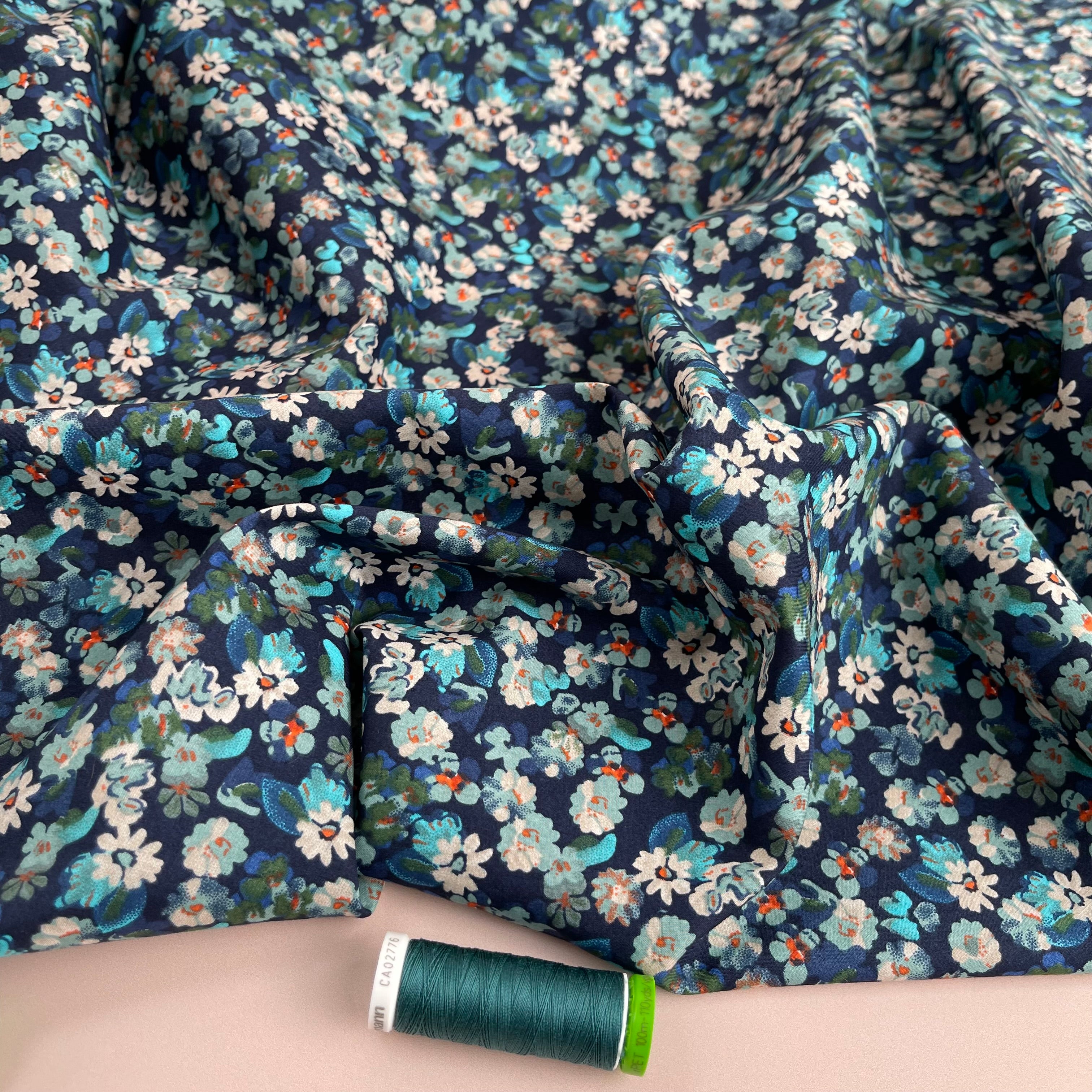 Meadow Blue on Navy Cotton Lawn Fabric