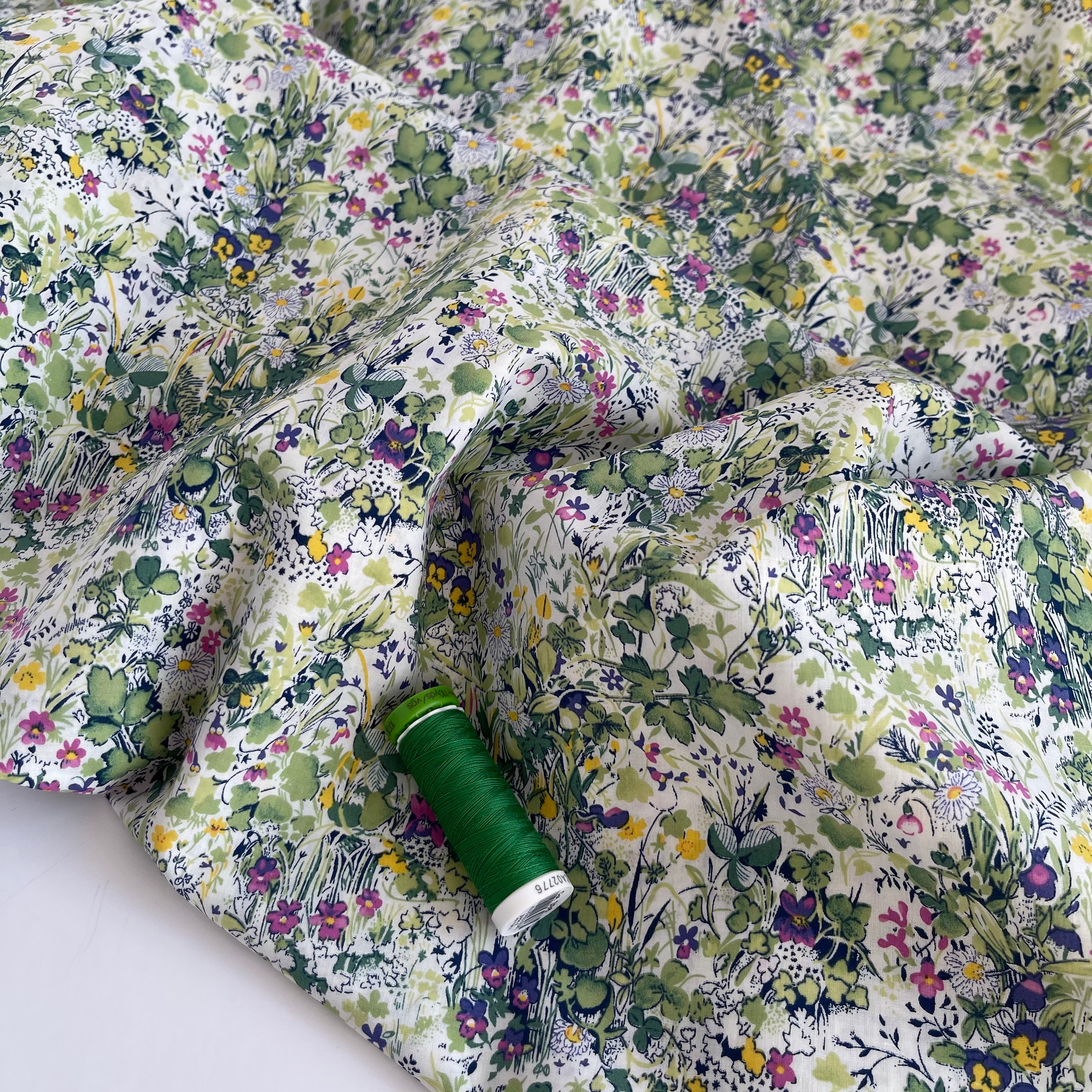 Viola Tricolour Green Cotton Lawn Fabric