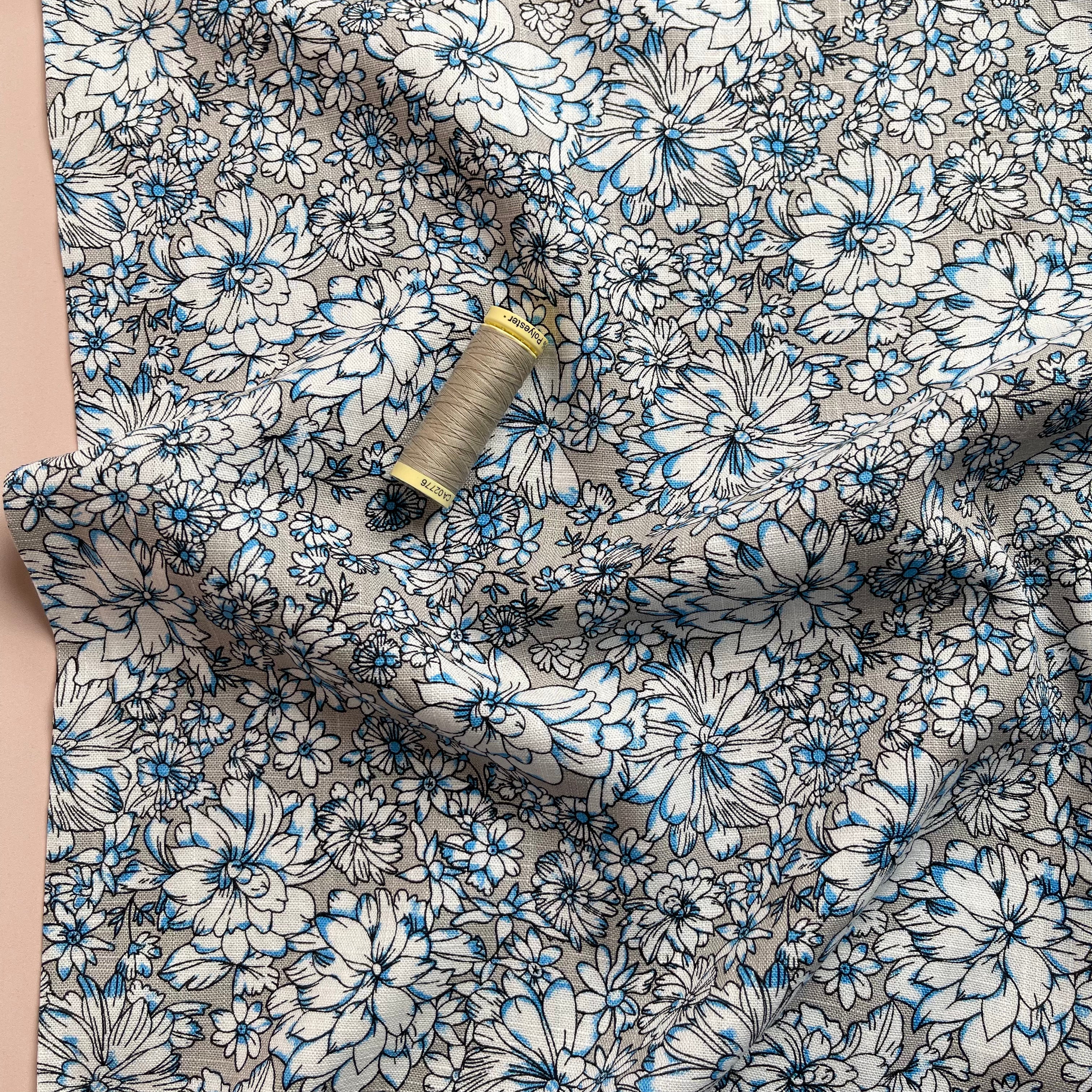 REMNANT 1.74 Metres - Dahlias on Grey Linen Viscose Blend Fabric