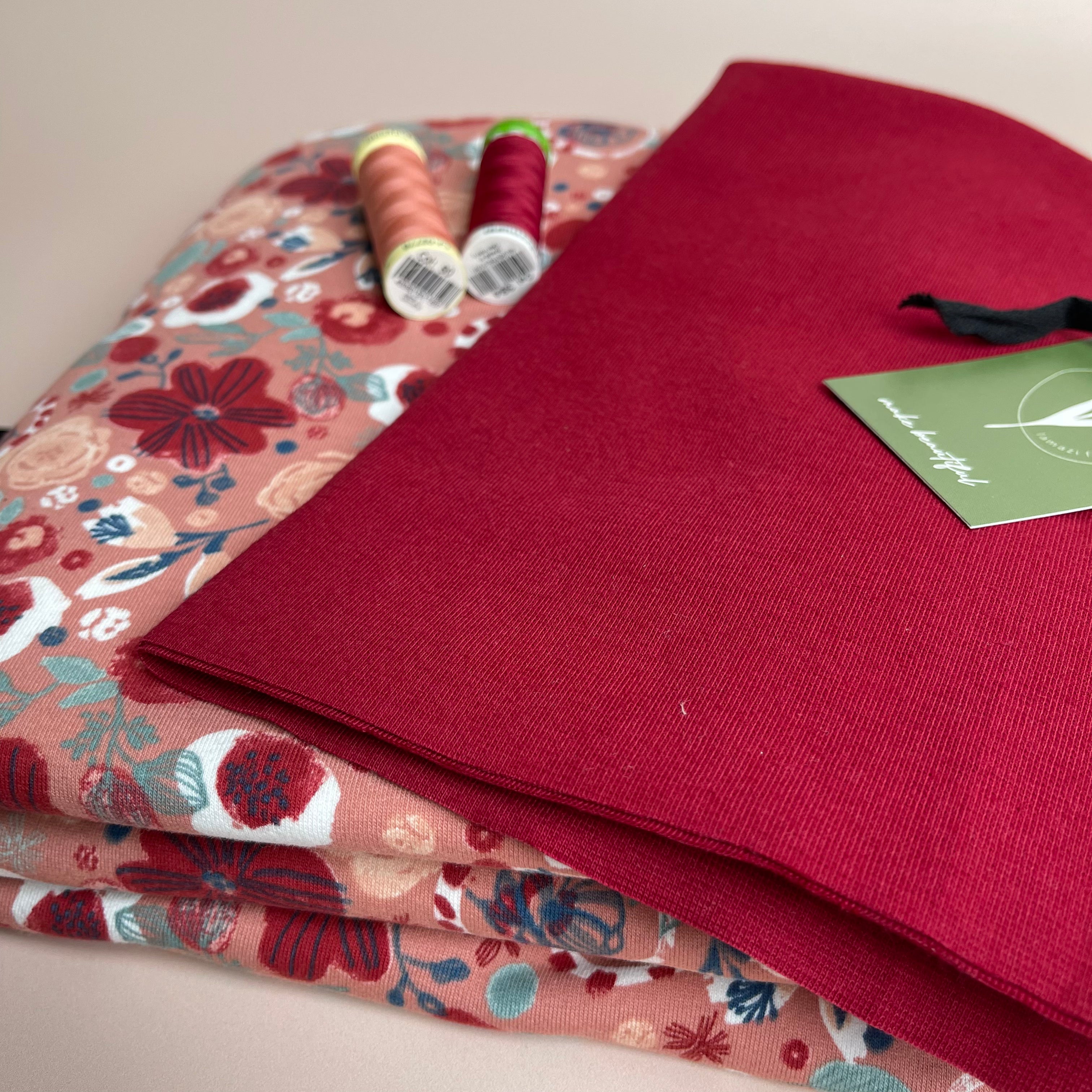 Colour Bundles - Floral Sketch Red Peach Soft Cotton Sweat-shirting and Ribbing Fabrics