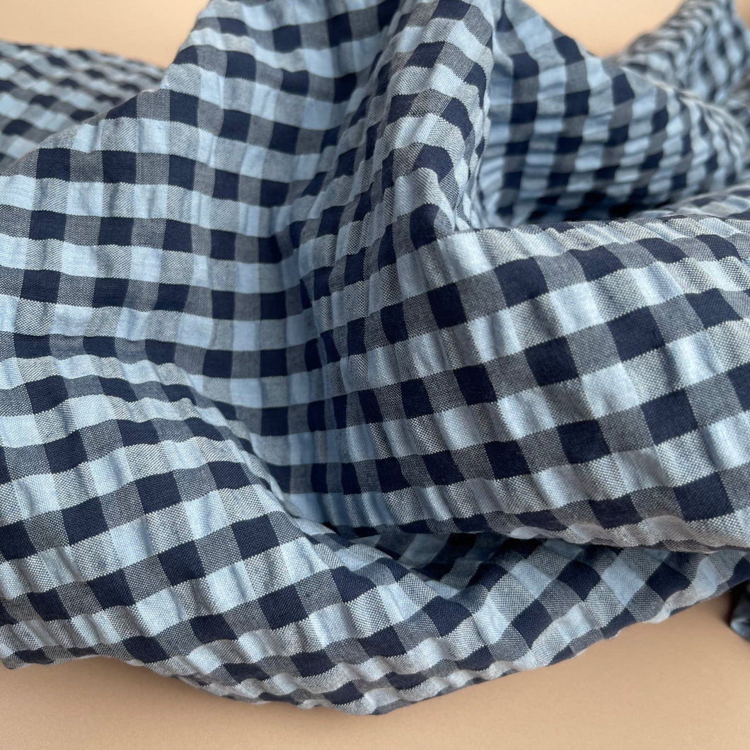 REMNANT 2.65 Metres - Blue Gingham Seersucker Fabric