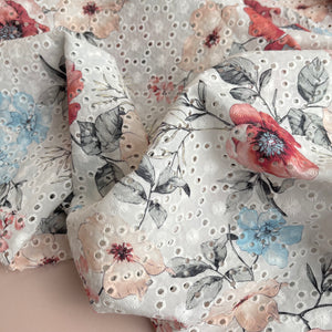 REMNANT 1.63 Metres - Embroidered Printed Cotton with Red Flowers Broderie Anglaise Fabric