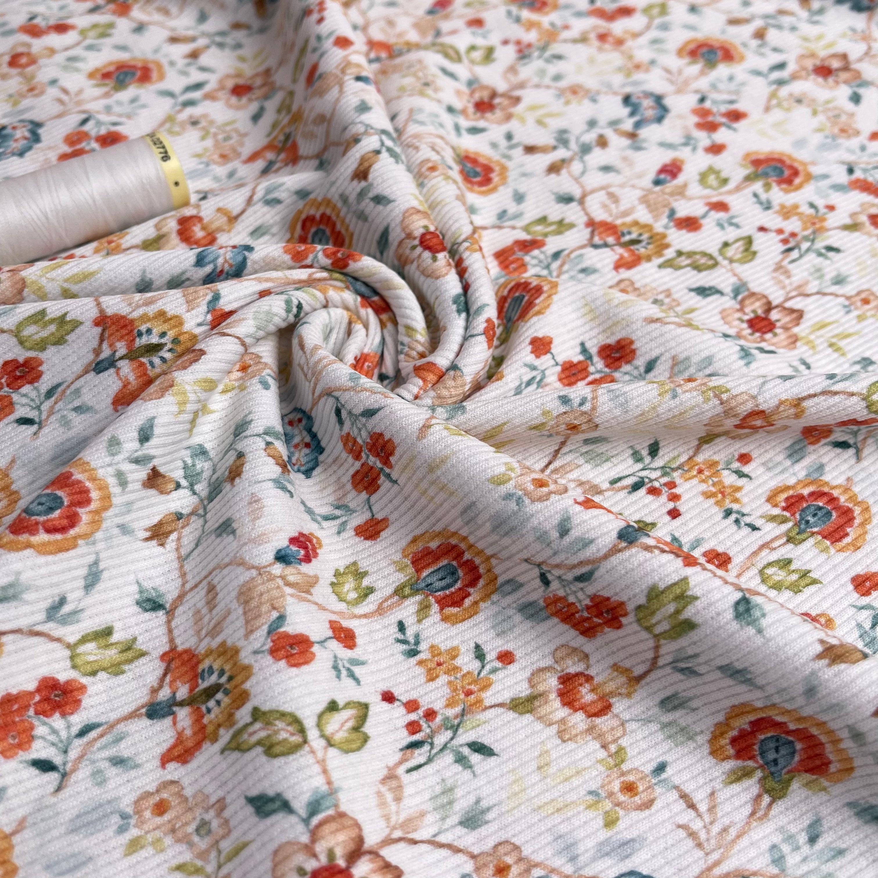 Flowers on White Cotton Ribbed Jersey