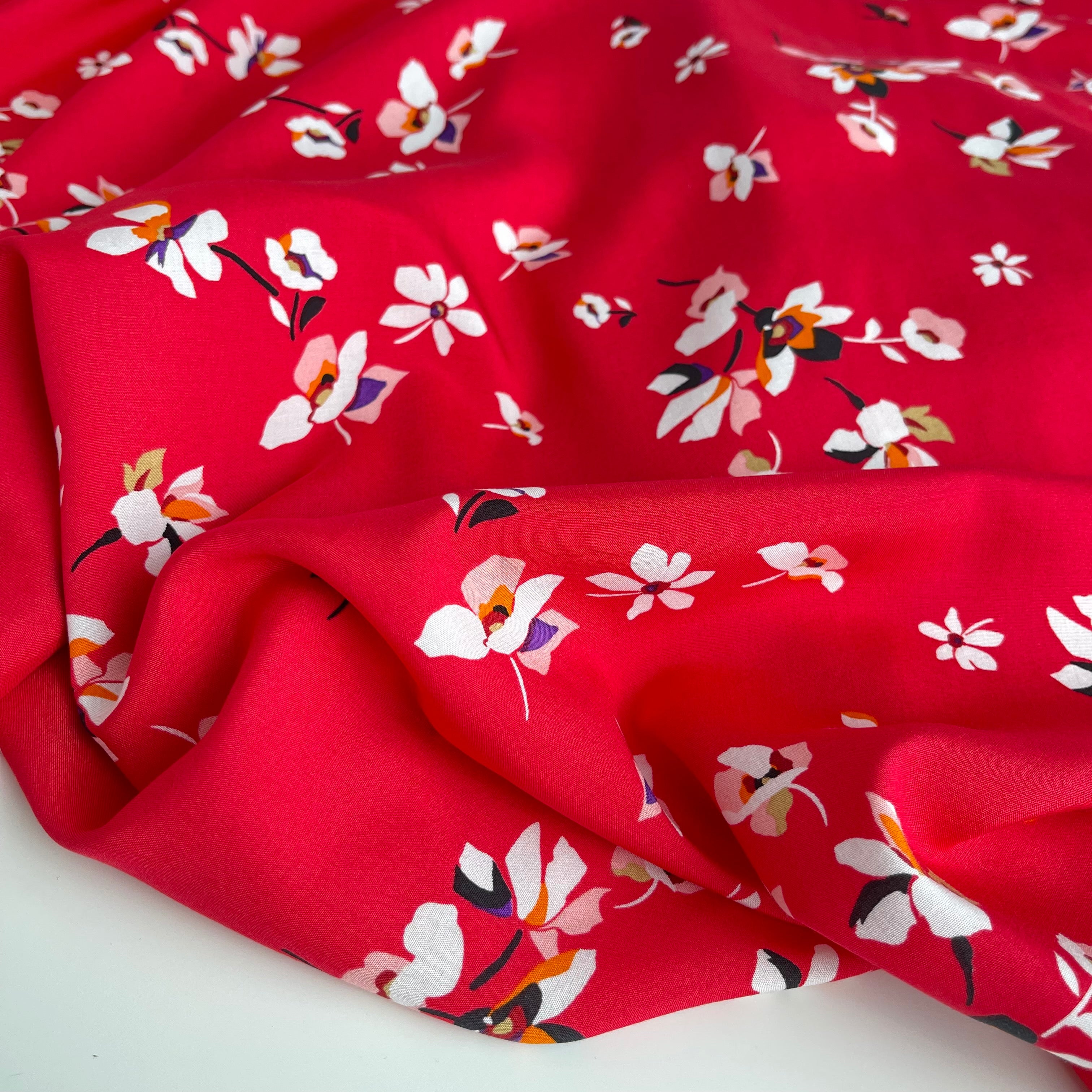 REMNANT 0.55 metre - Flowers on Red Viscose Fabric