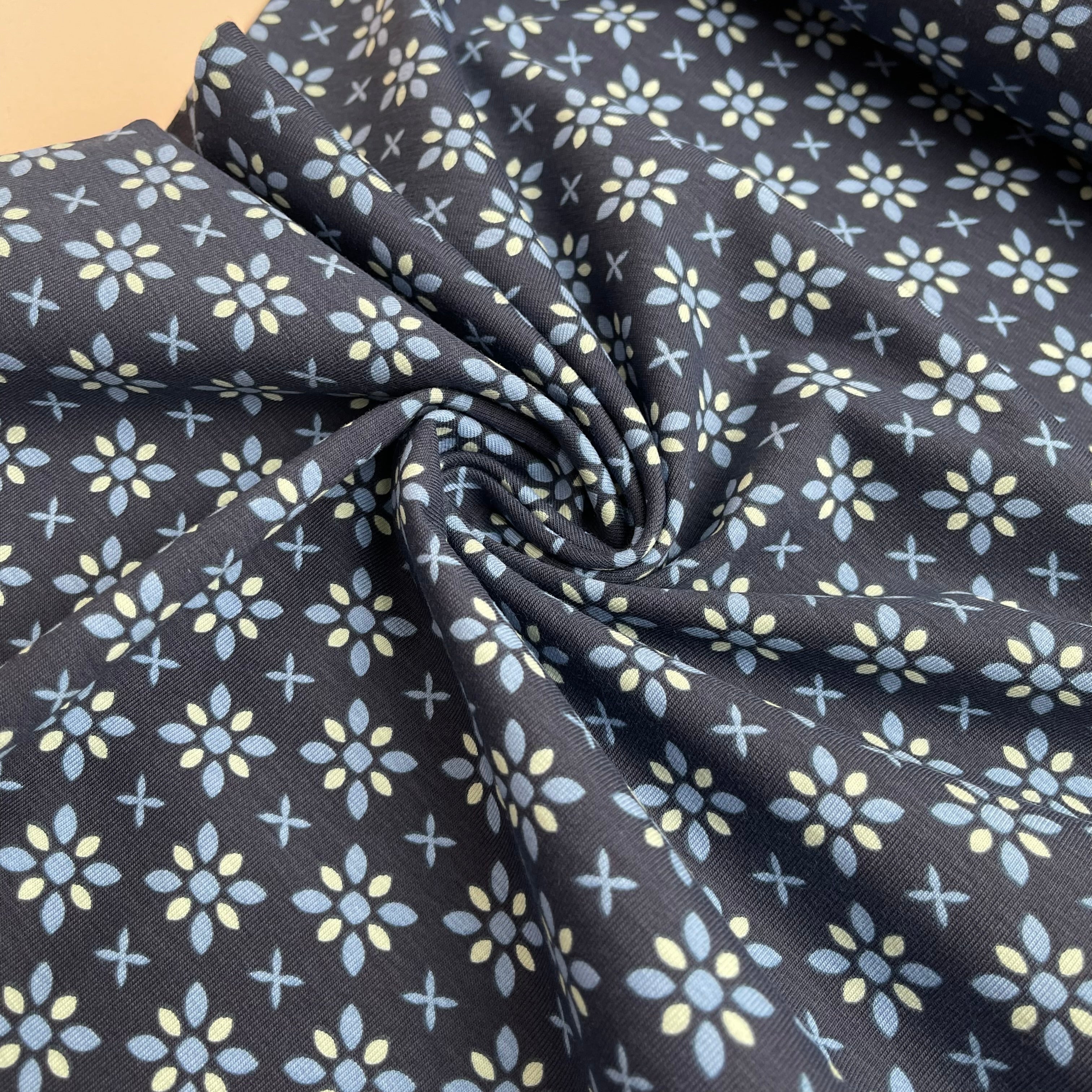 REMNANT 1.82 Metres - Graphic Flowers Navy Cotton Jersey