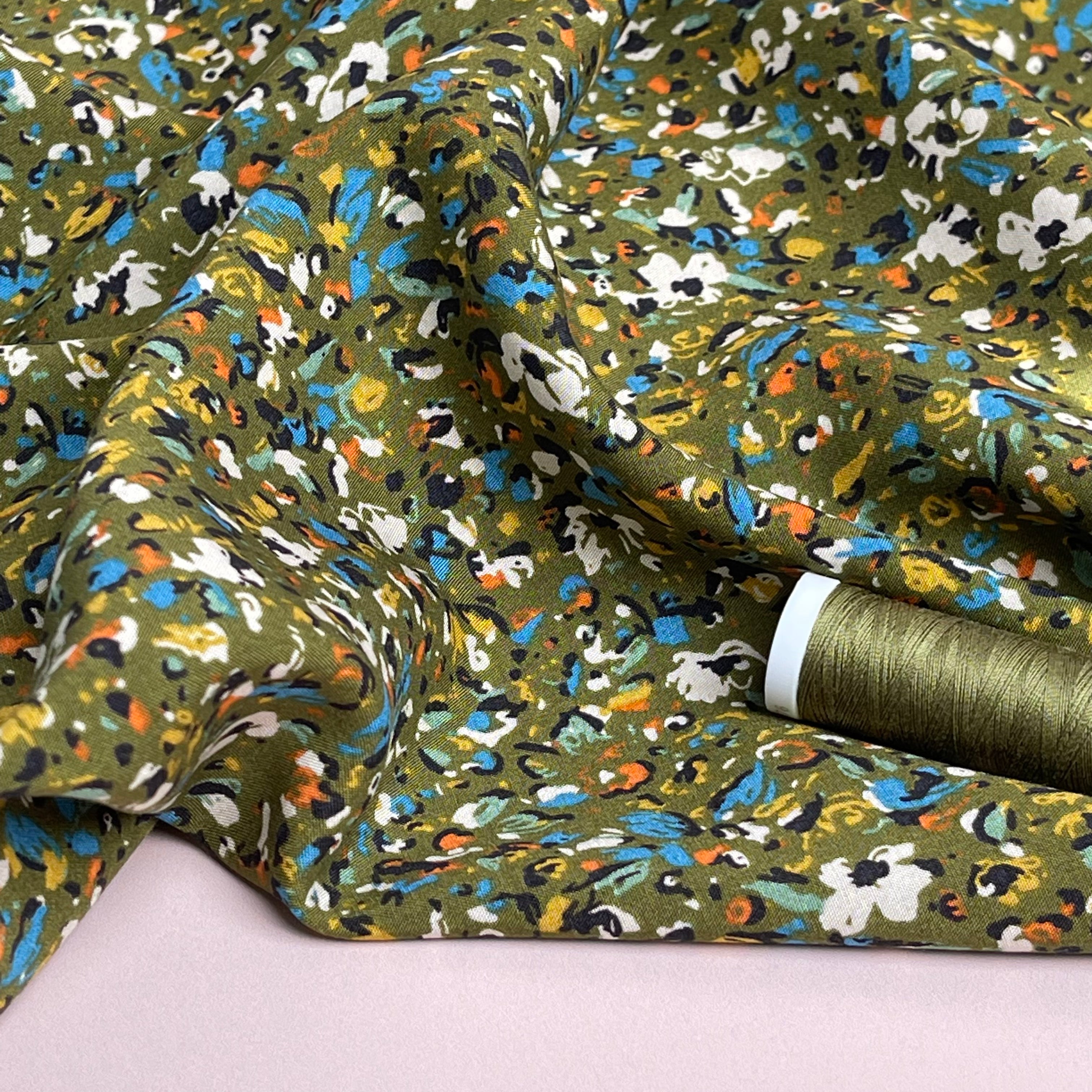 Abstract Field Khaki Viscose Fabric