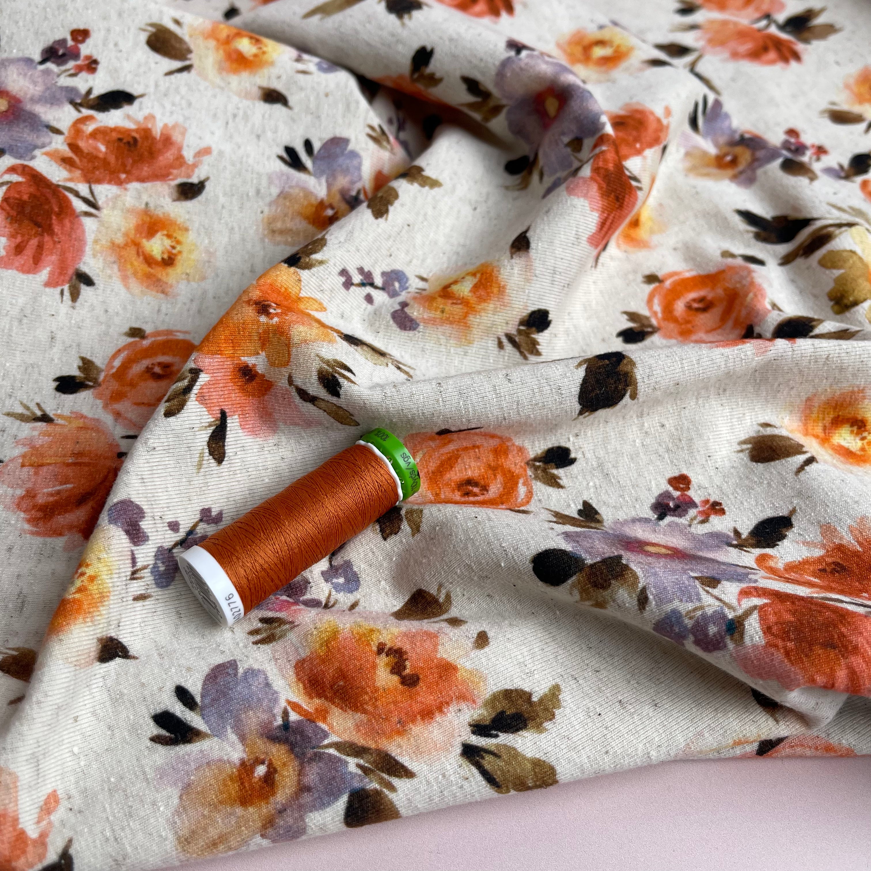Painted Roses in Peach Linen Cotton Jersey