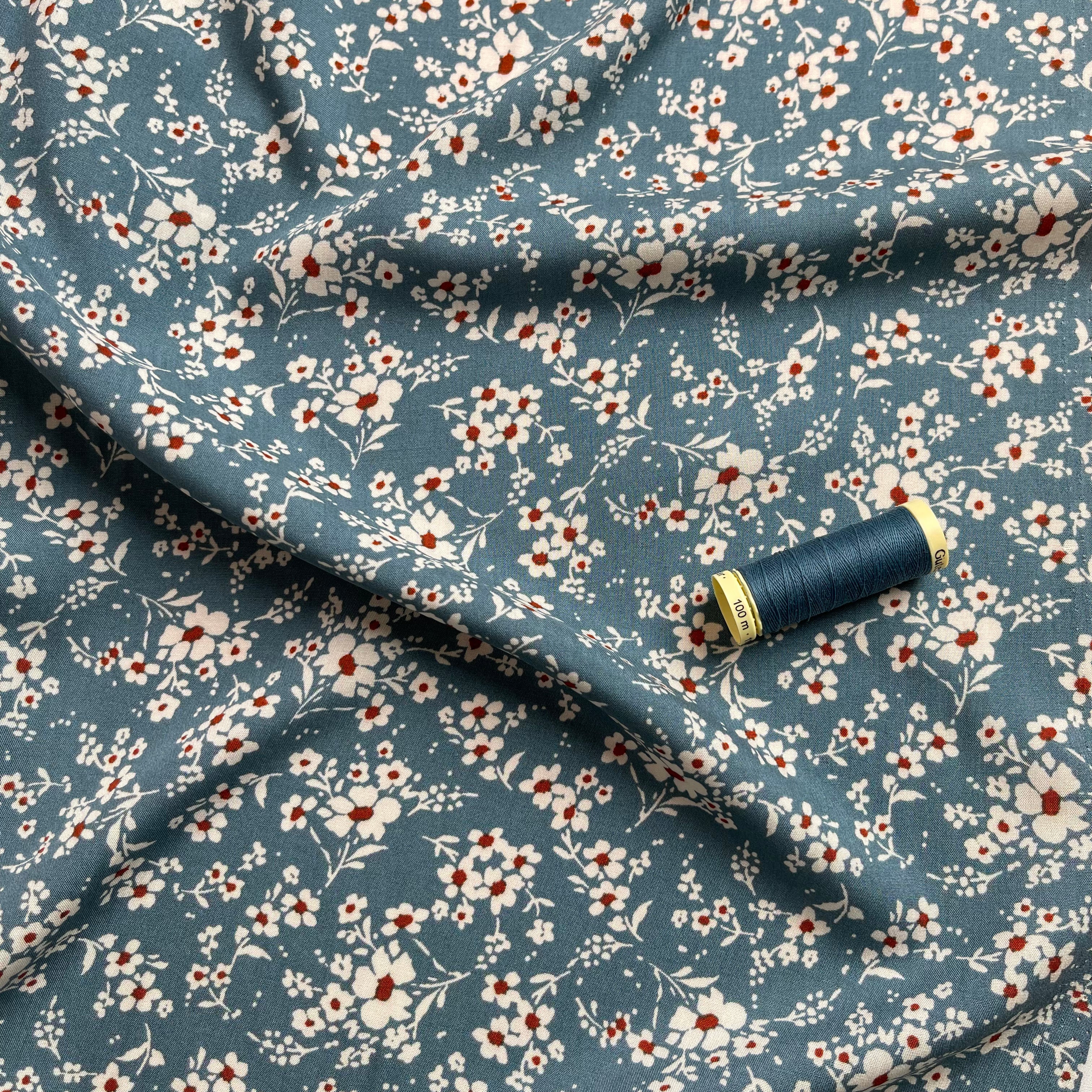 Ditsy Meadow on Dusty Blue Viscose Fabric