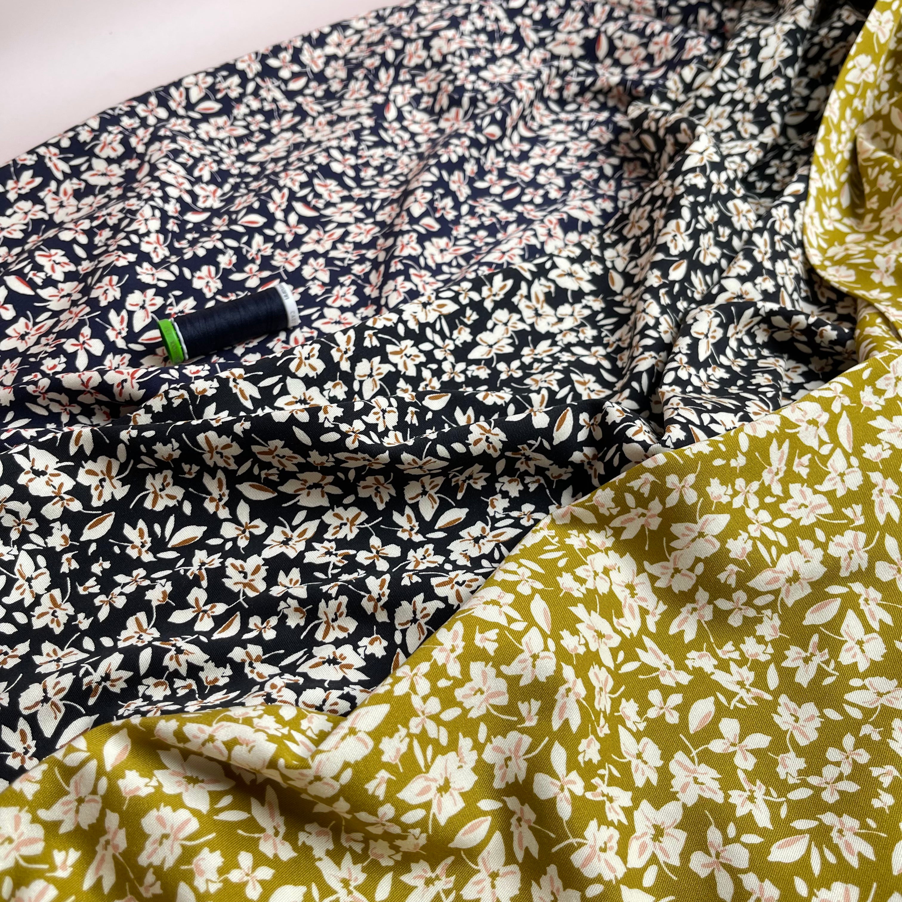 REMNANT 1.14 Metres - Rosella Small Flowers Golden Lime Stretch Viscose Twill