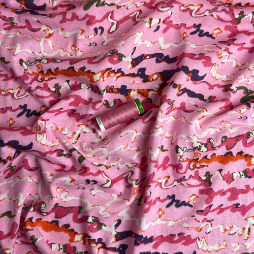 REMNANT 2.40 metres - Scribbles Pink Pure Cotton Jersey Fabric