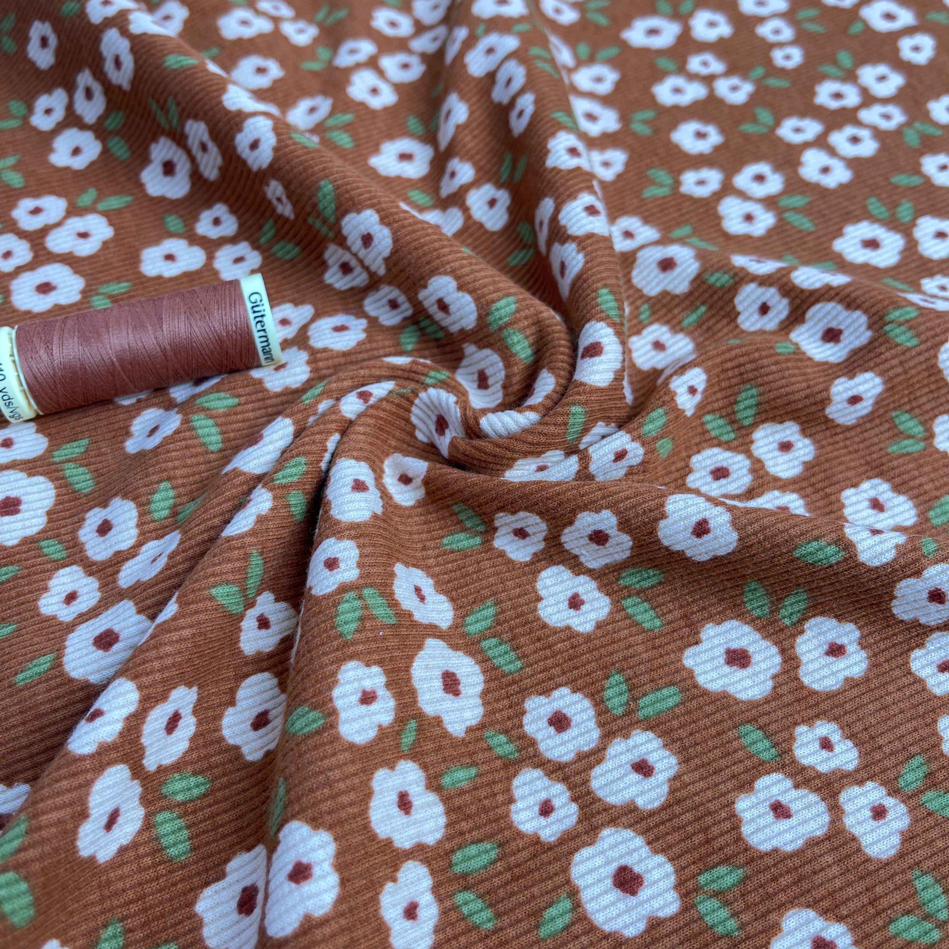 Blush Flowers on Cinnamon Cotton Ribbed Jersey