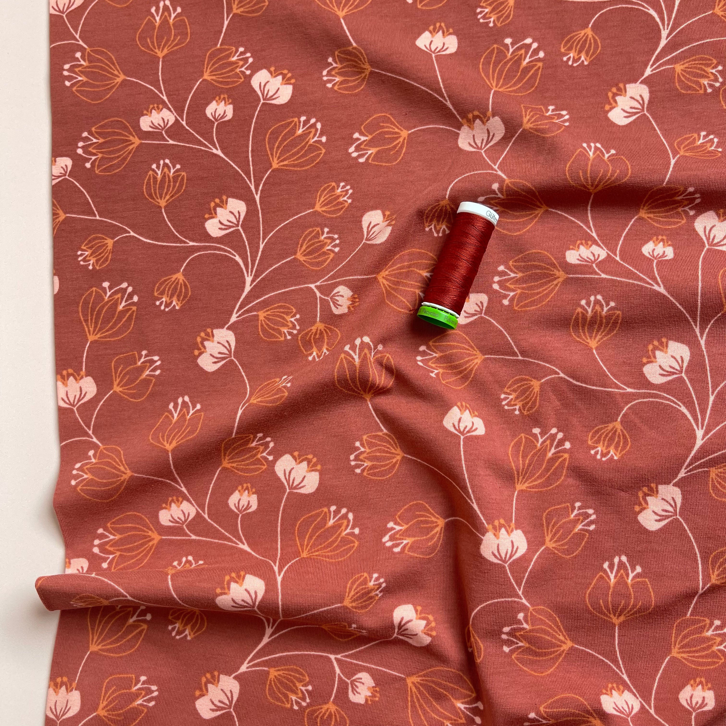Floral Lines in Cinnamon Cotton Jersey Fabric