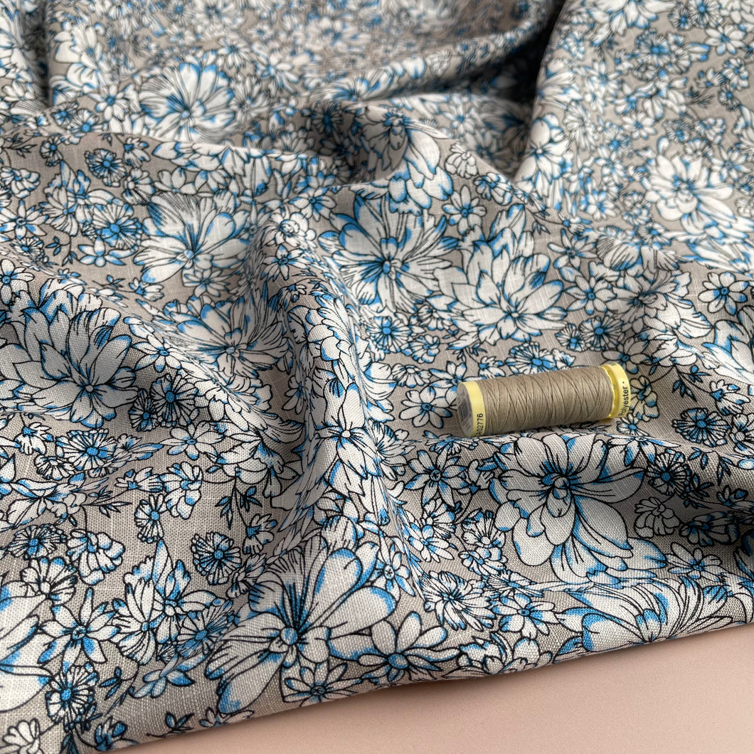 REMNANT 1.74 Metres - Dahlias on Grey Linen Viscose Blend Fabric