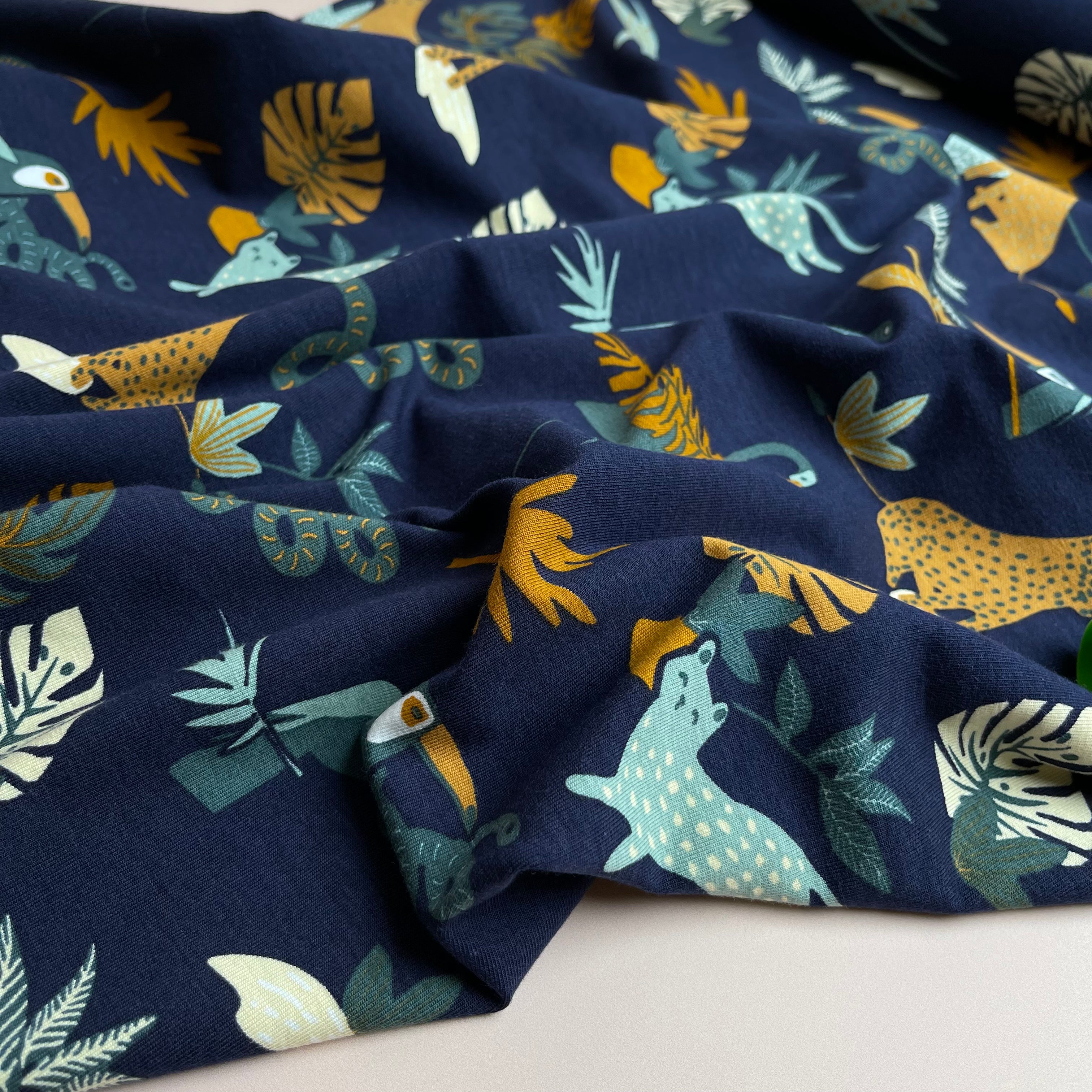 Safari Animals Navy GOTS Organic Cotton Jersey Fabric