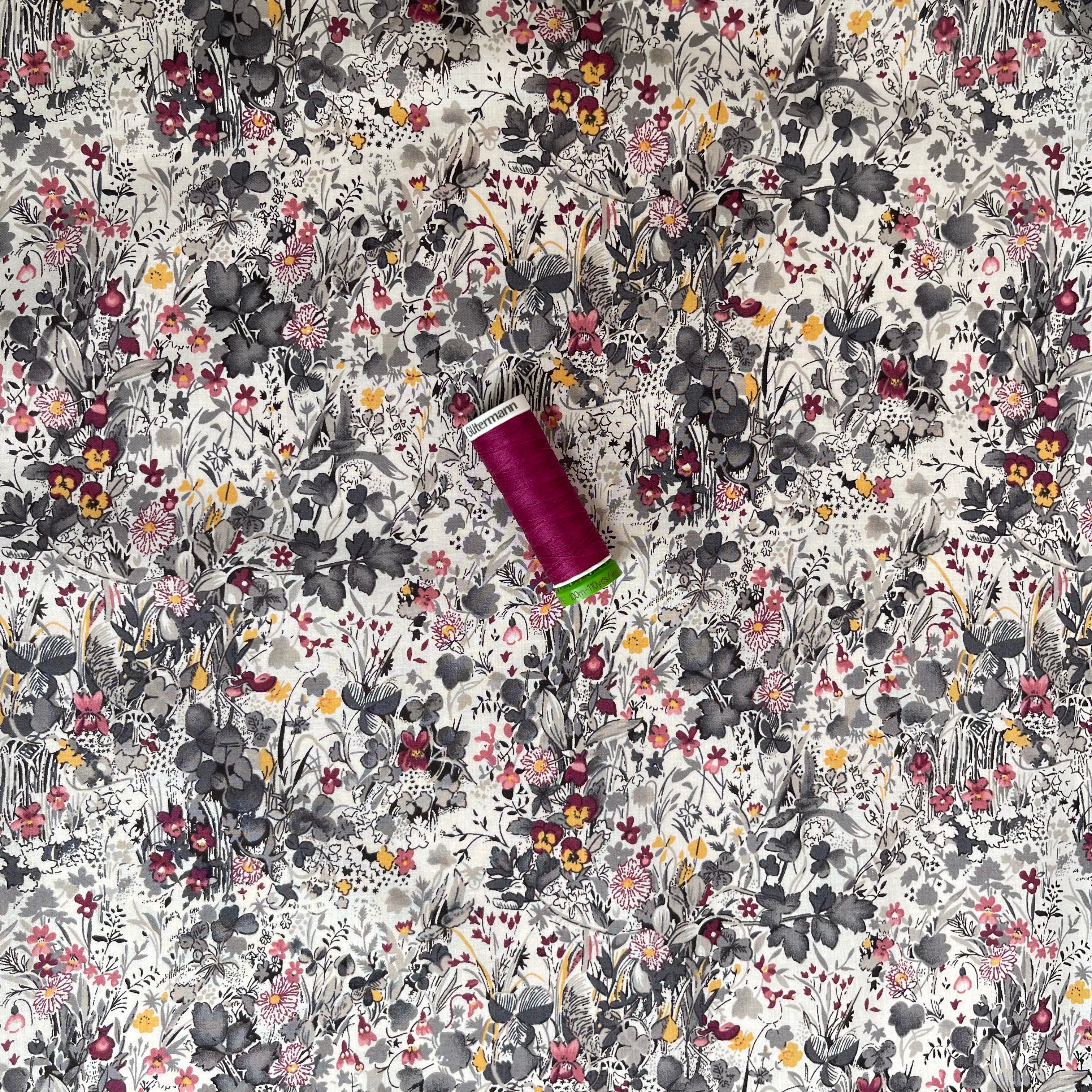 Viola Tricolour Charcoal with Berry Cotton Lawn Fabric