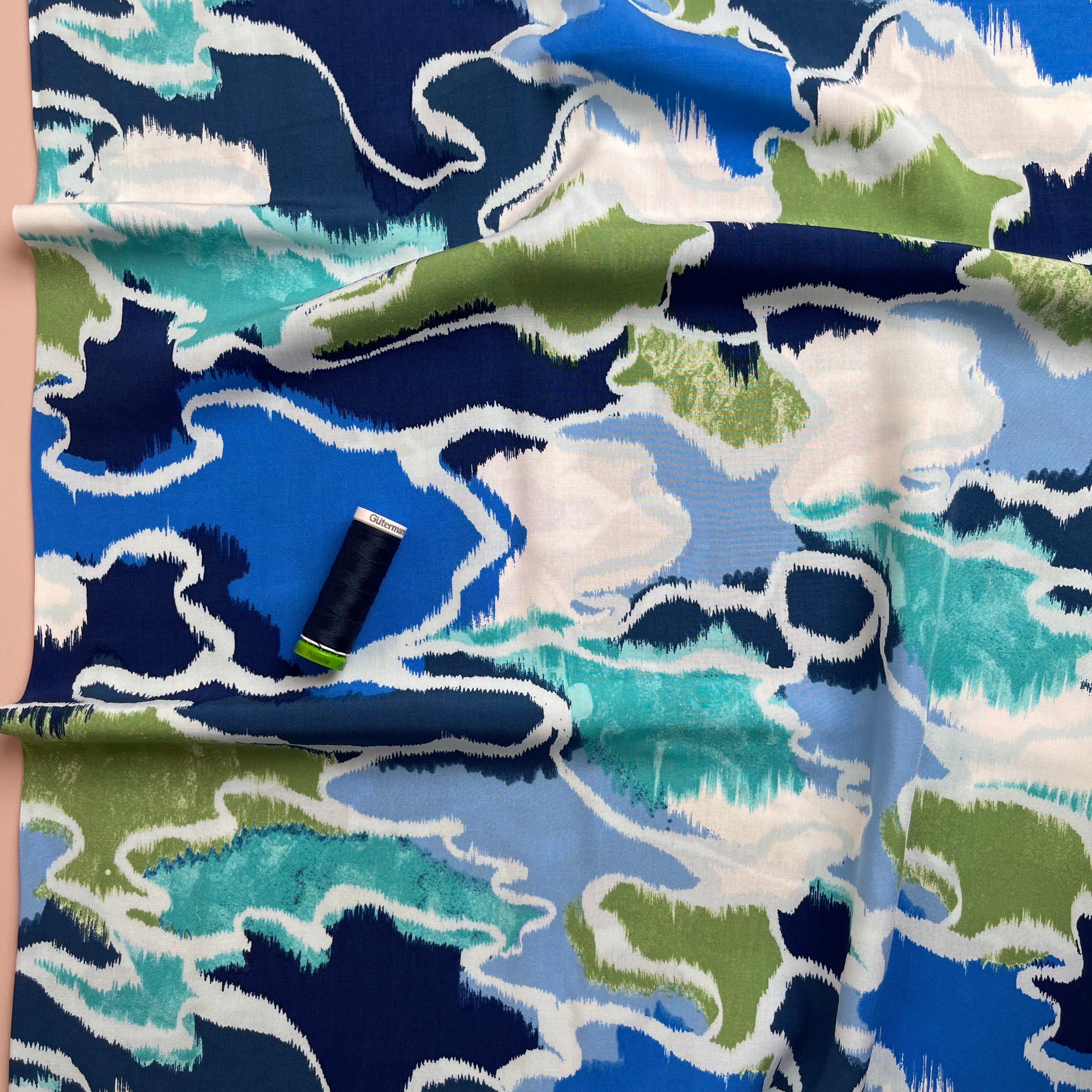 Waves Blue Viscose Poplin Fabric