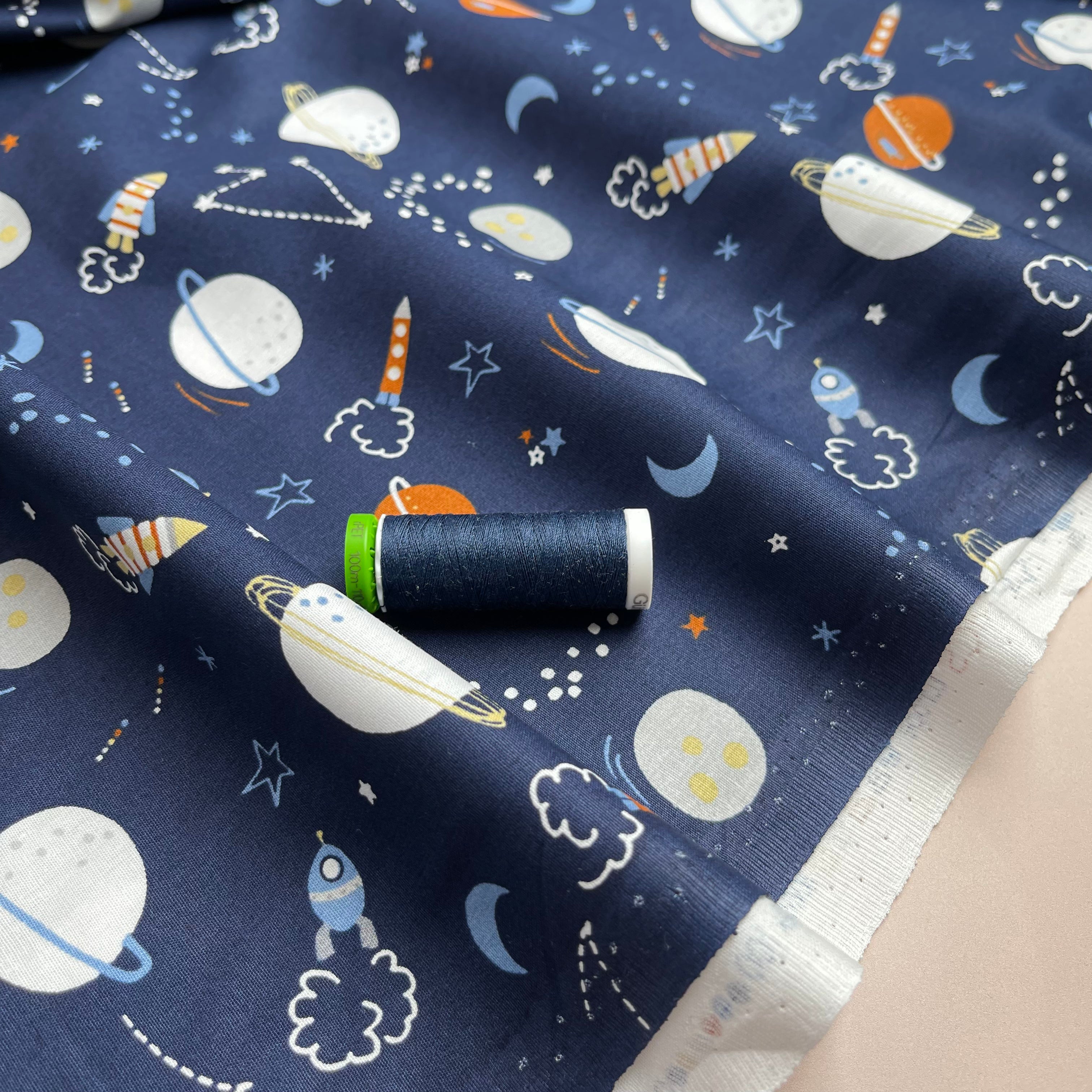 Space on Navy Cotton Poplin Fabric