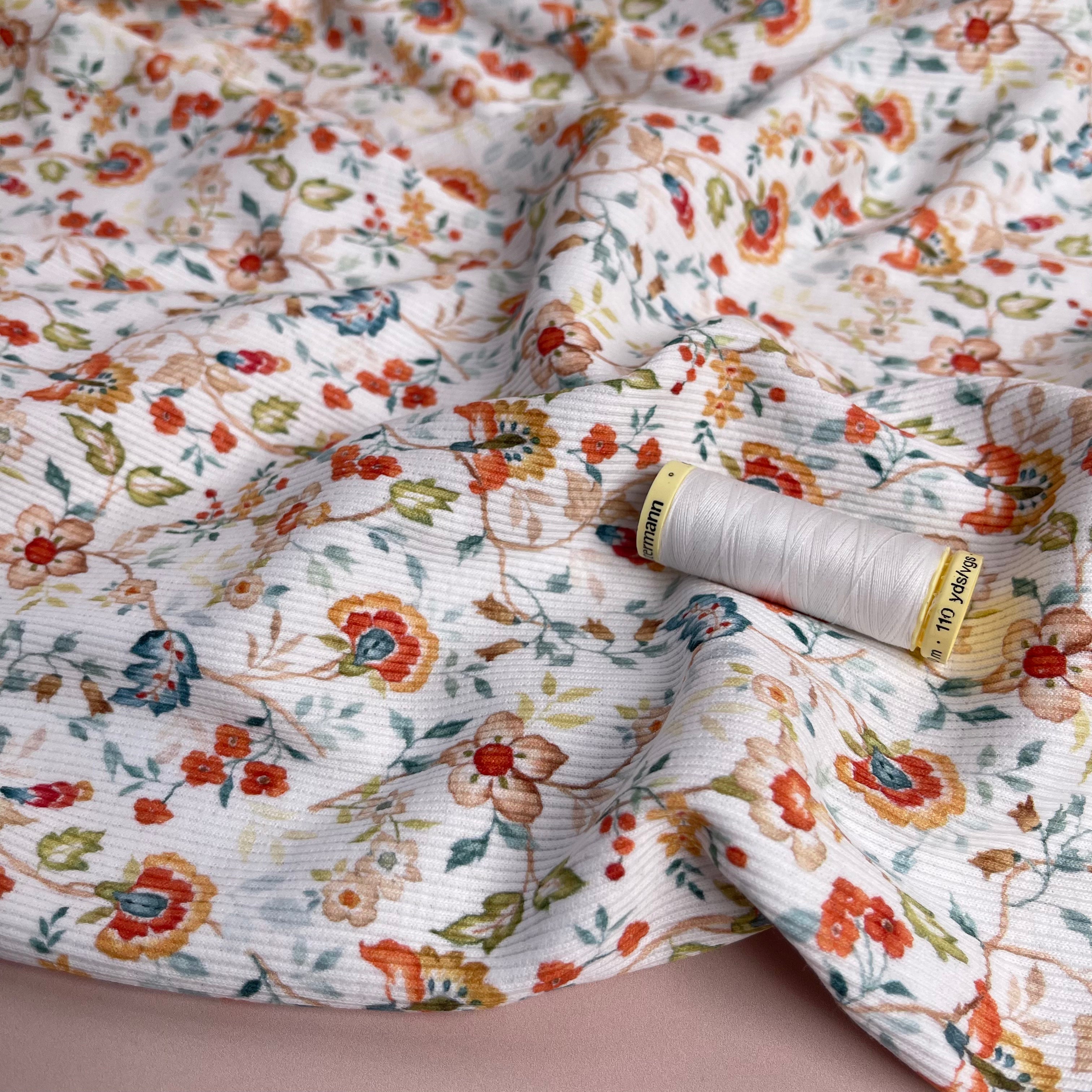 Flowers on White Cotton Ribbed Jersey