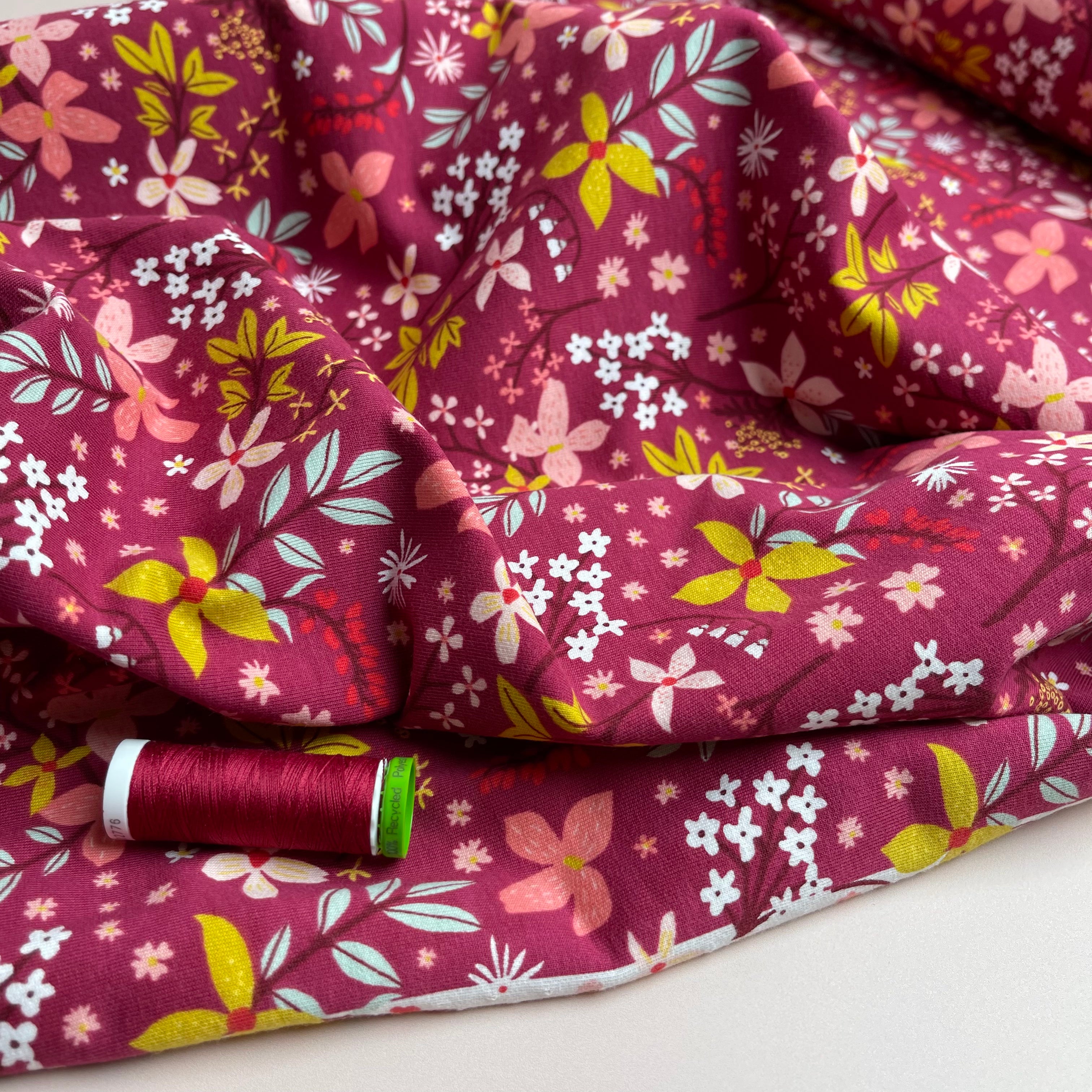 Flowers in Berry Cotton French Terry Fabric