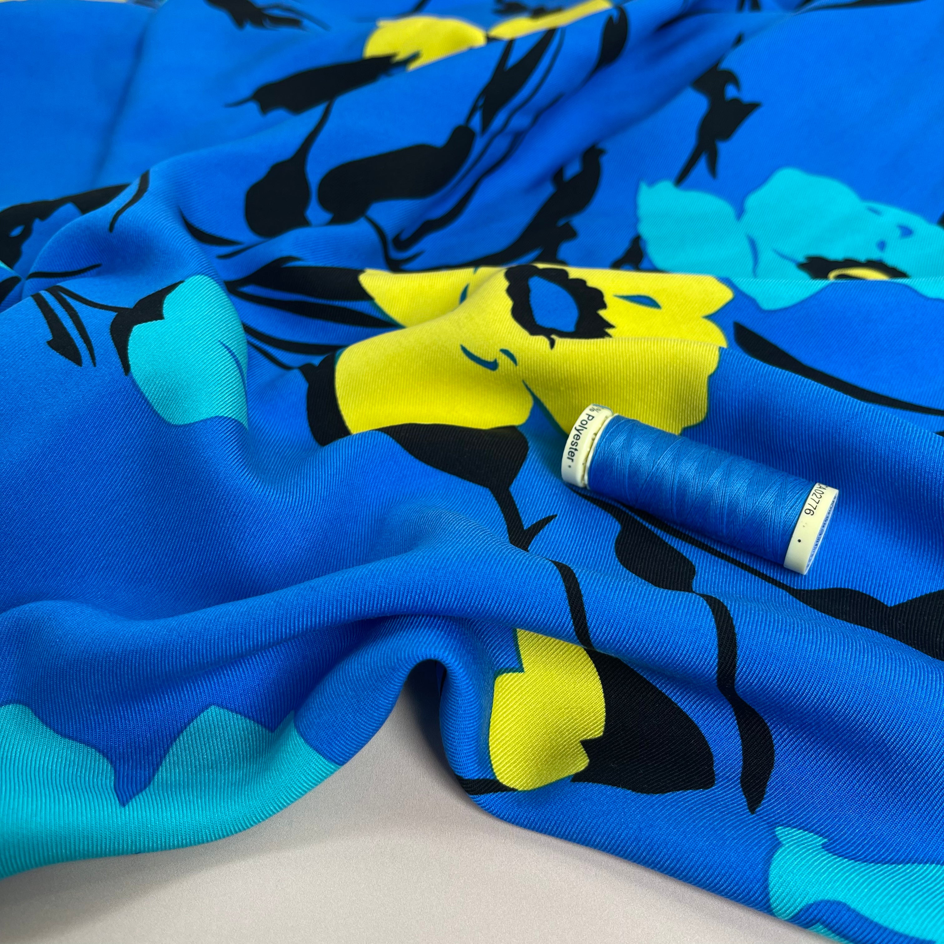 REMNANT 2.03 metres - FAULT apprx. 5cm pull in the centre - Bold Flowers in Brilliant Blue Viscose Twill Fabric