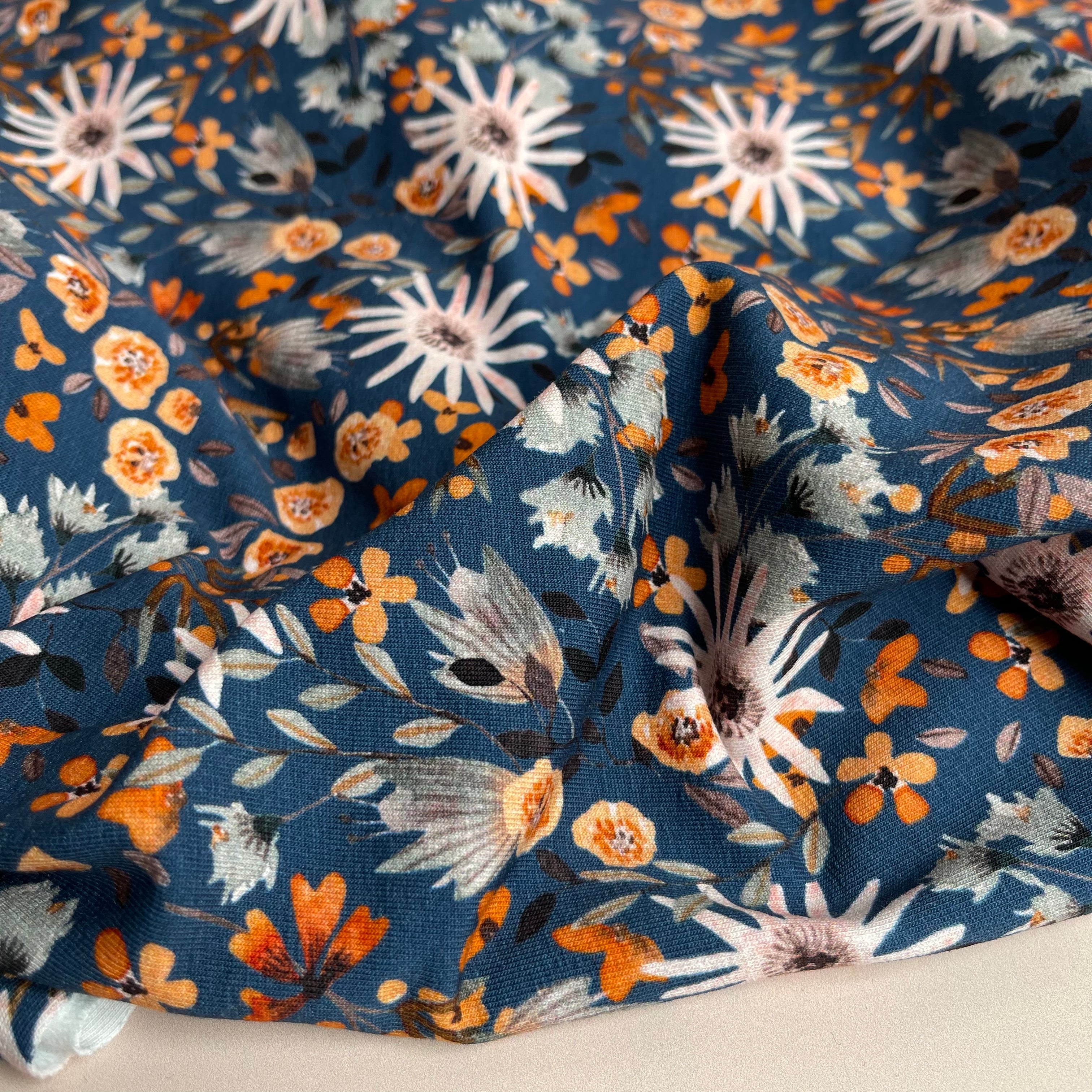REMNANT 0.41 metre Garden Flowers in Petrol Blue Cotton Sweat-shirting Fabric
