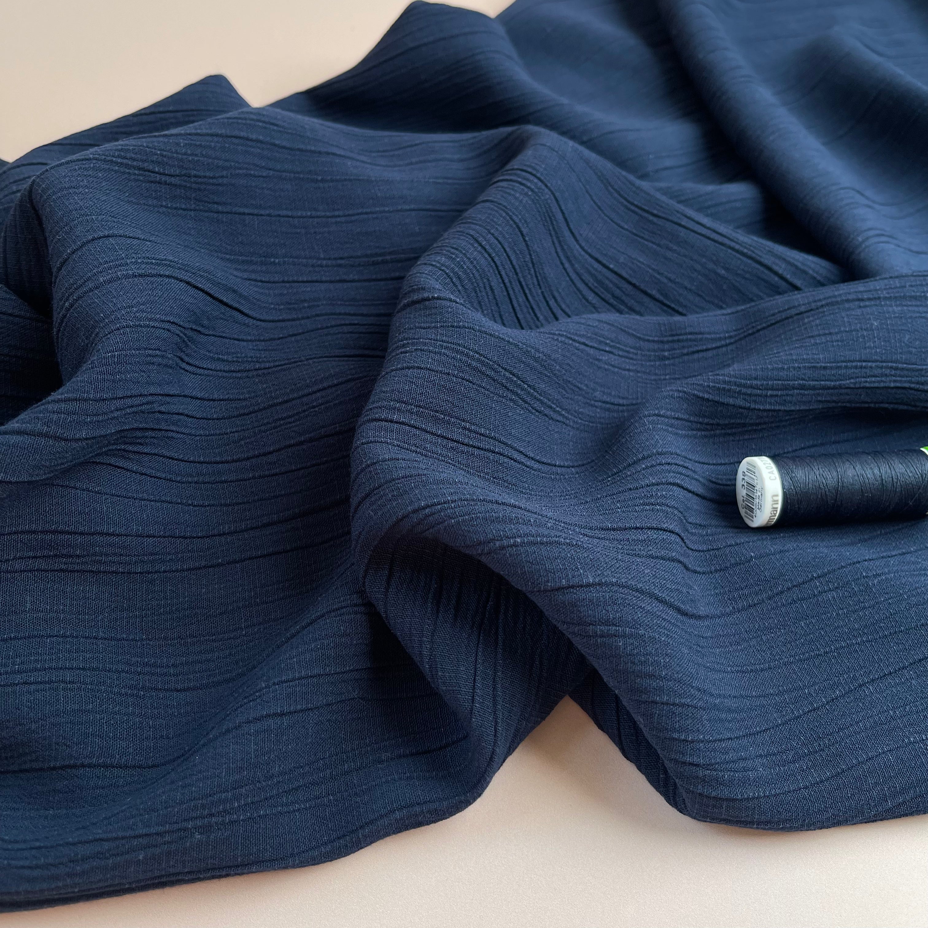 REMNANT 0.32 Metres + 0.11 Metres Fault with Holes at One End - Crinkle Viscose Linen Blend Fabric in Navy