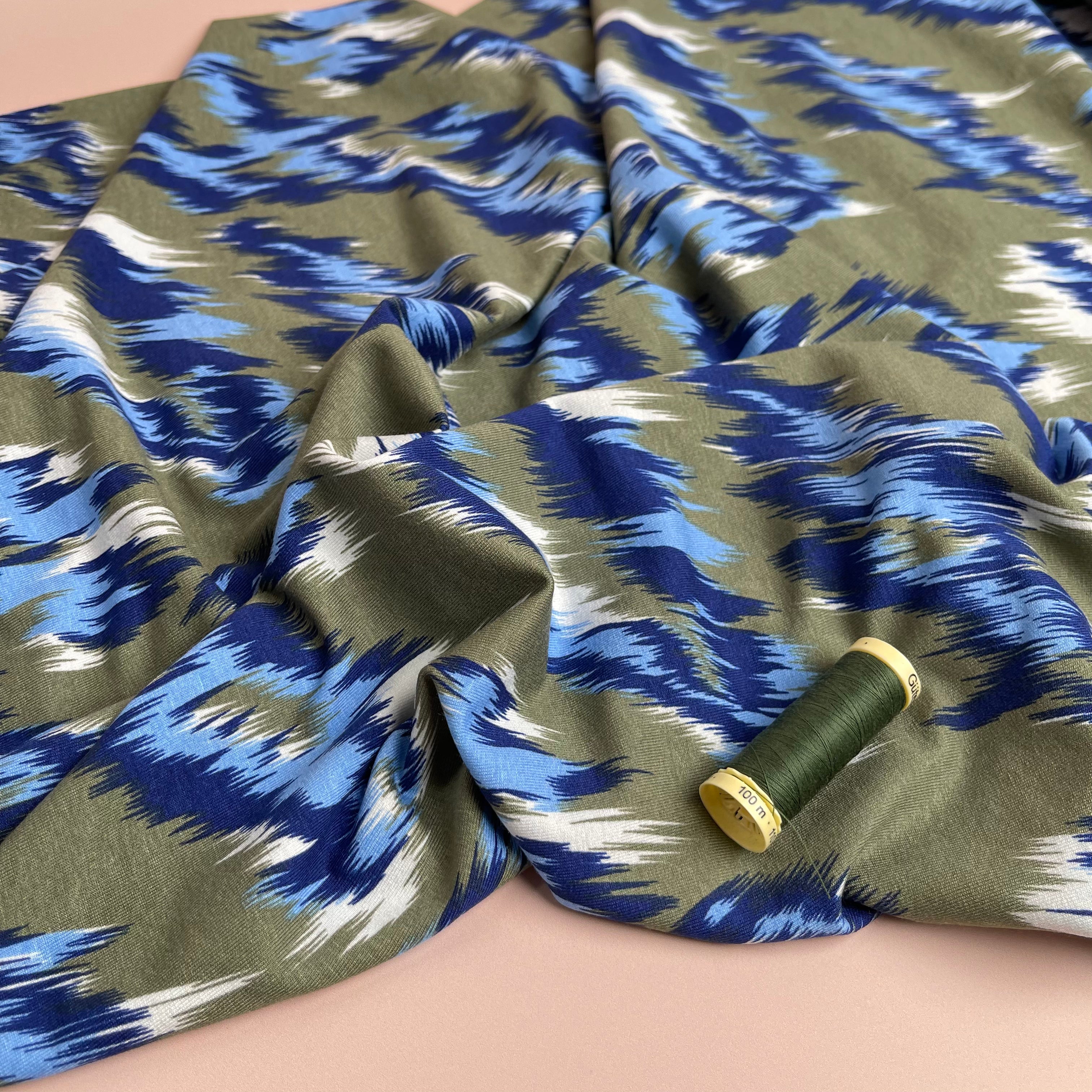 Painted Chevrons Khaki & Blue Viscose Jersey Fabric