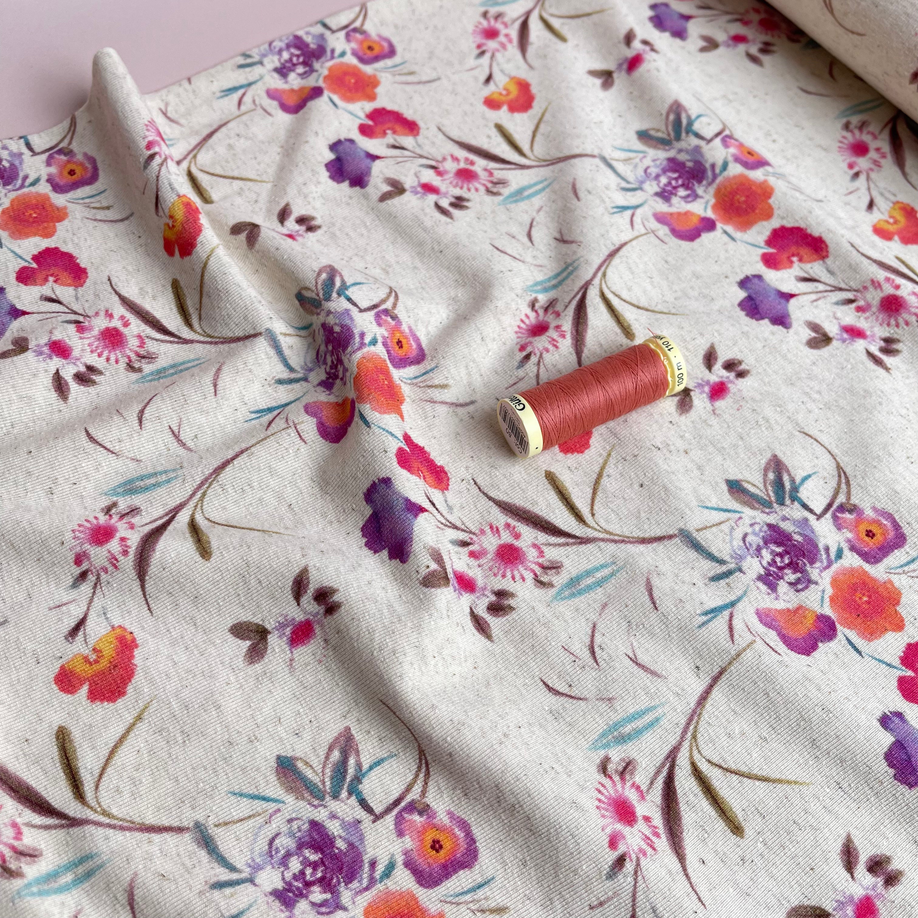 Painted Flowers in Fuchsia Linen Cotton Jersey