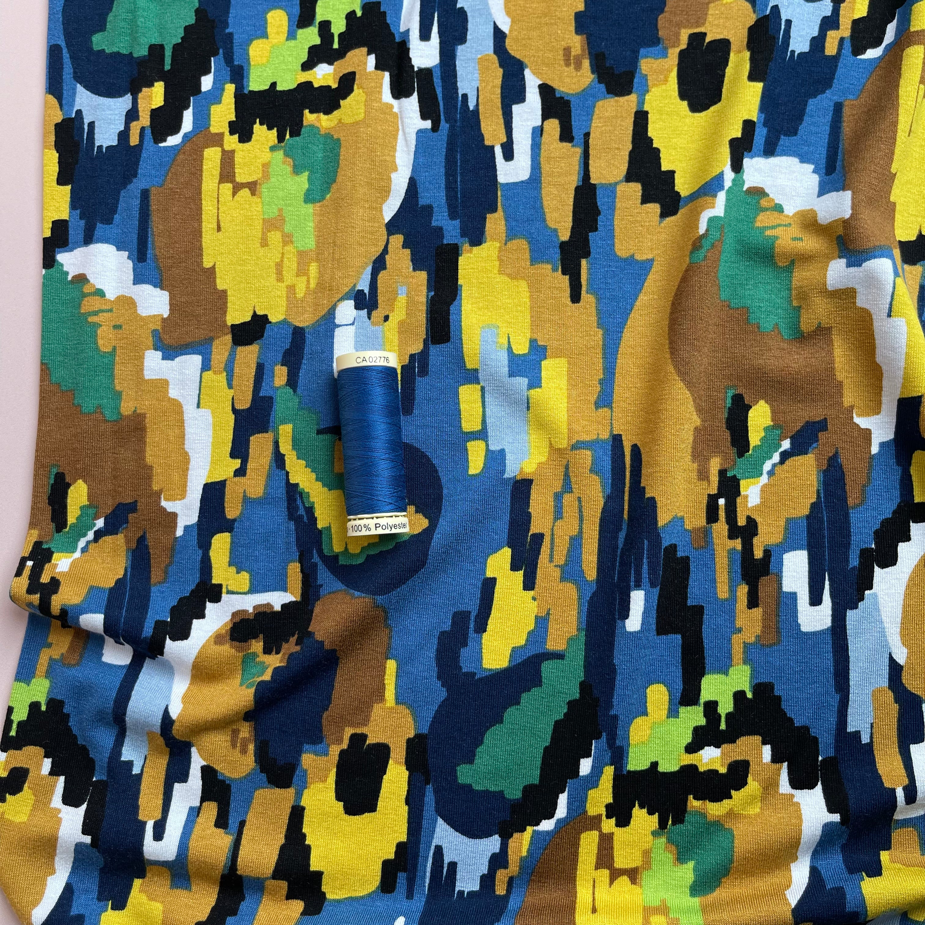 Pixel Flowers in Blue Viscose Jersey Fabric