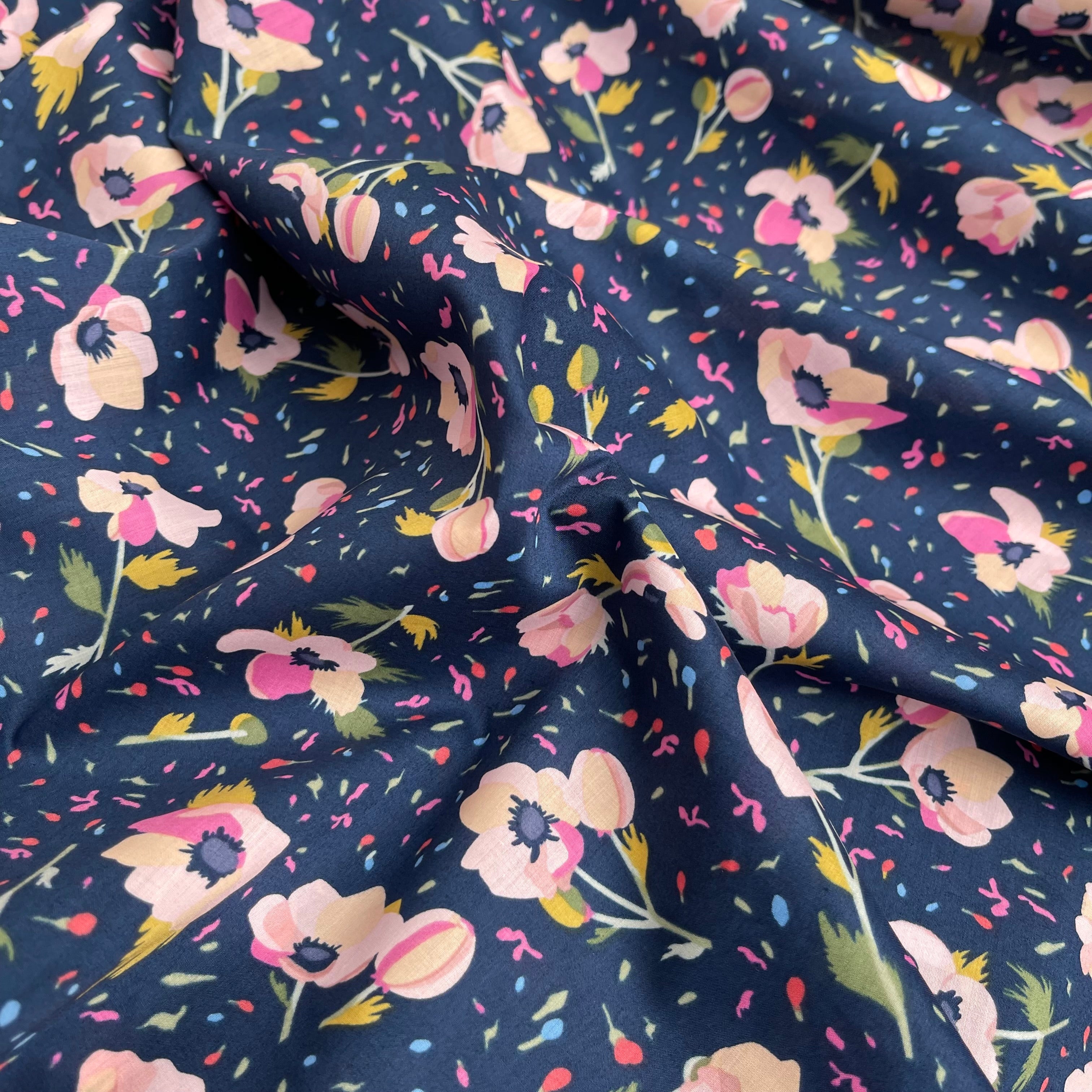 Rosa on Navy Cotton Lawn Fabric