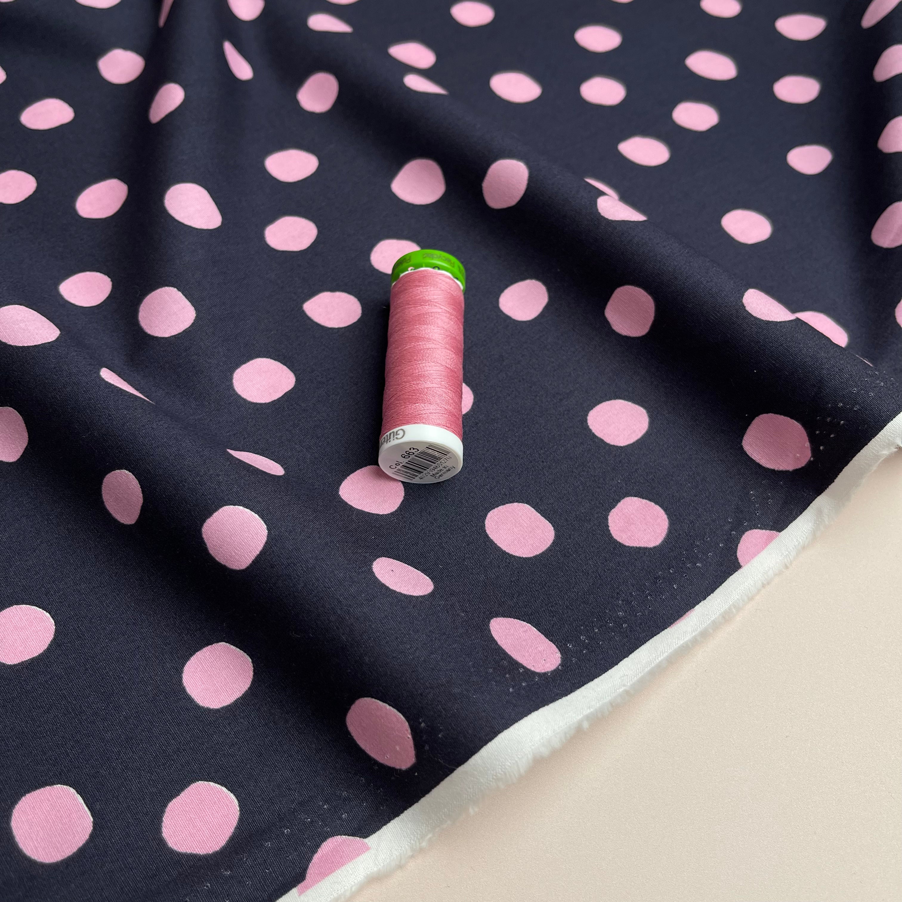 Pink Polka on Midnight Cotton Poplin Fabric