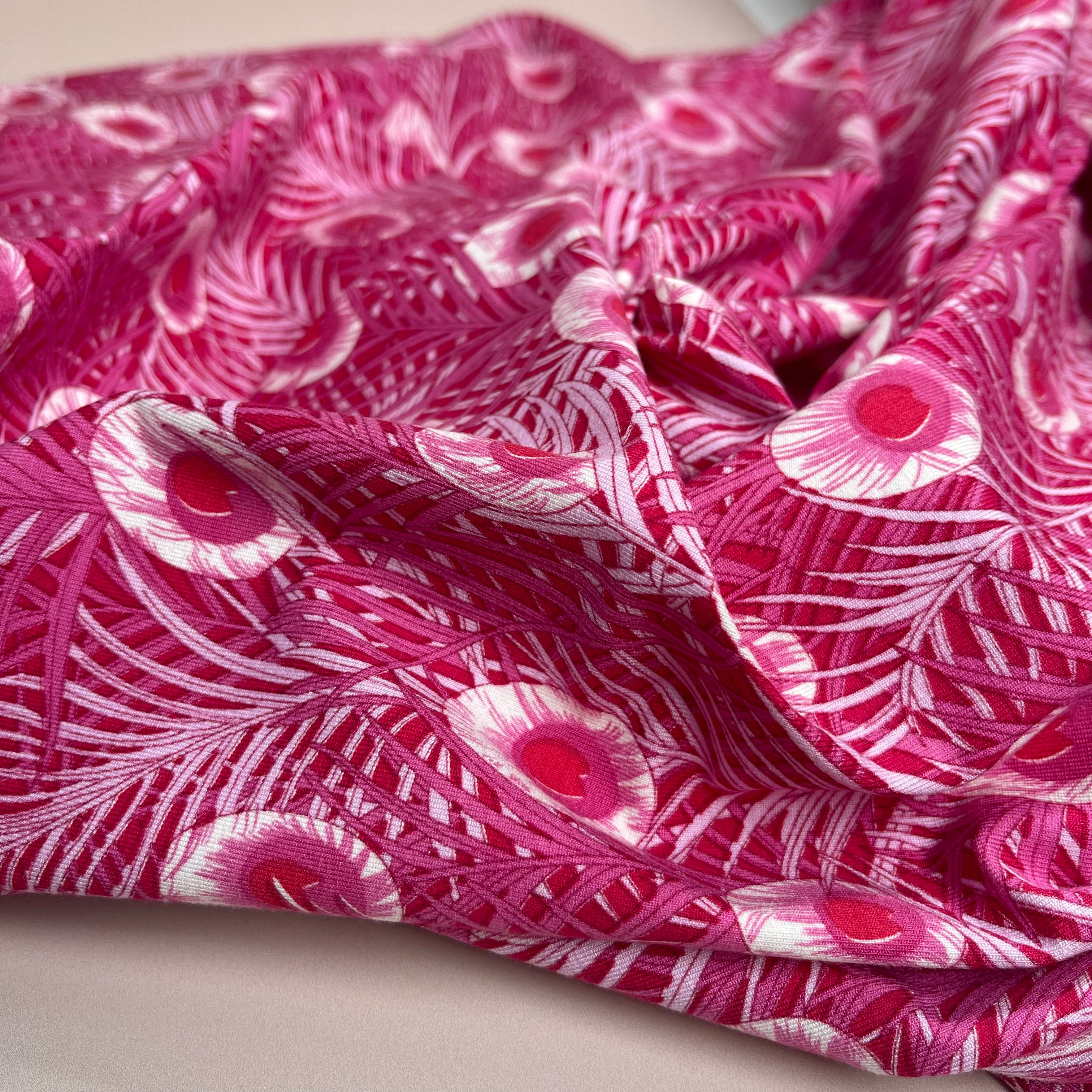 Peacock Feathers Cerise Pink Viscose Jersey Fabric