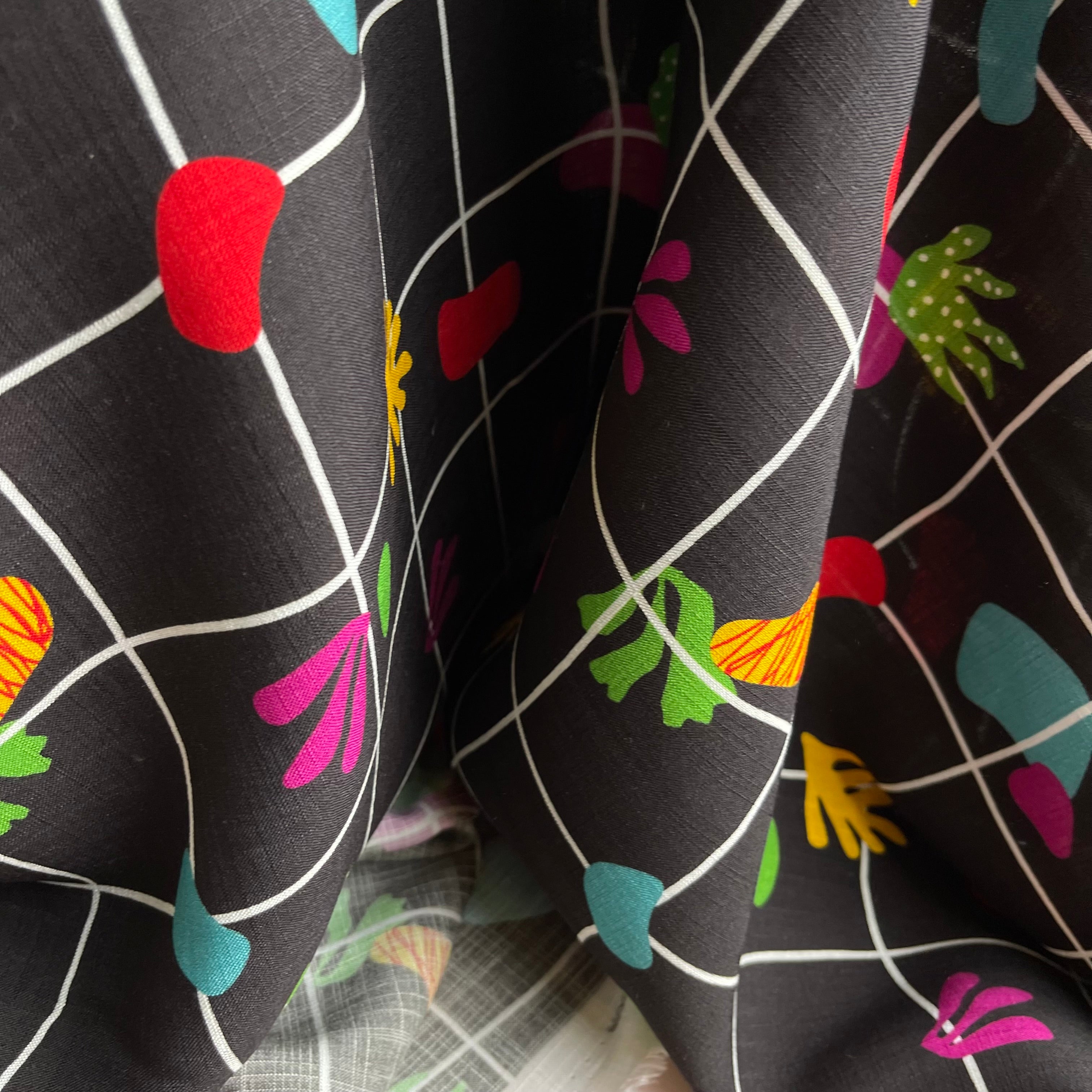 Tropical Grid Black Linen Look Slub Rayon Fabric