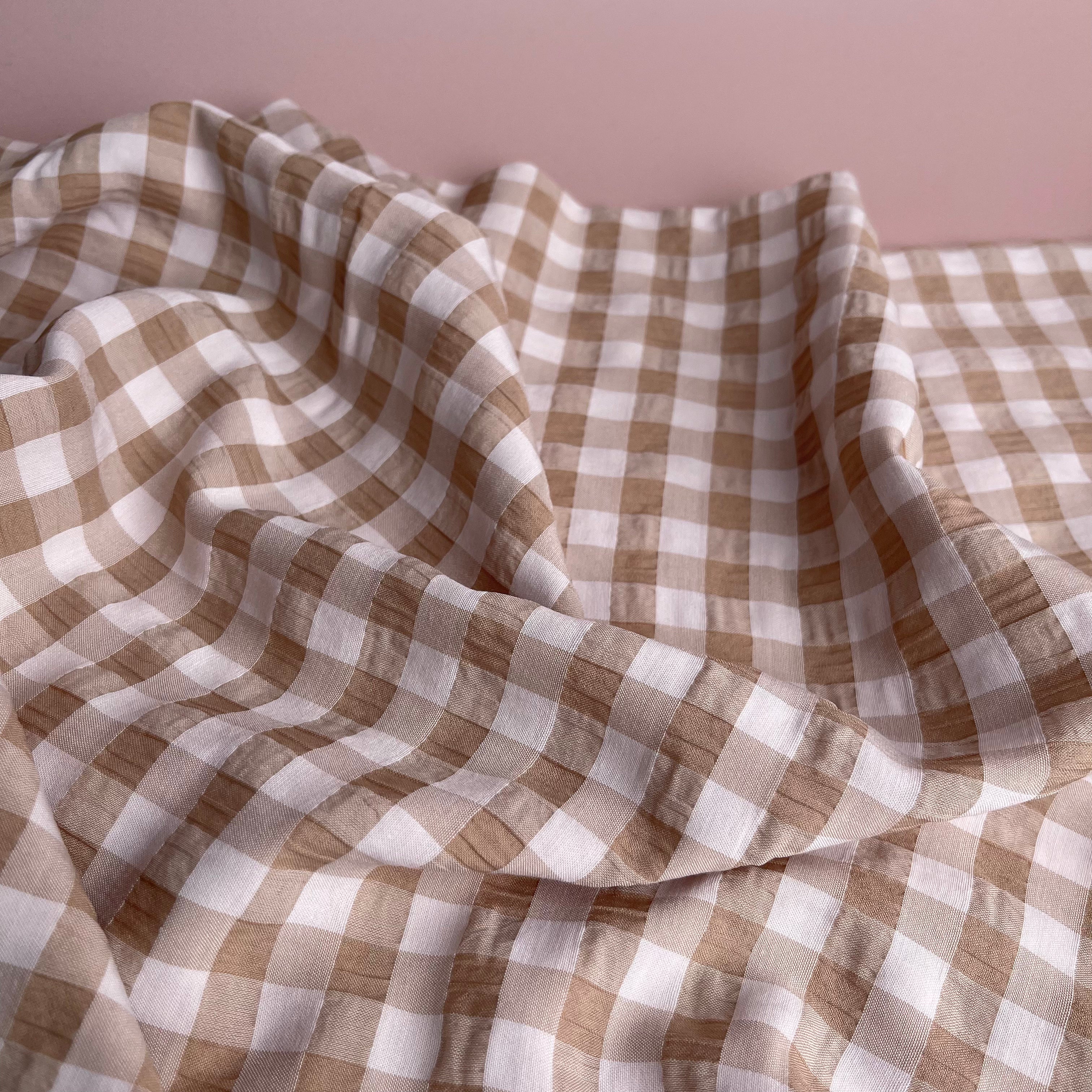 Beige Gingham Viscose Seersucker Fabric