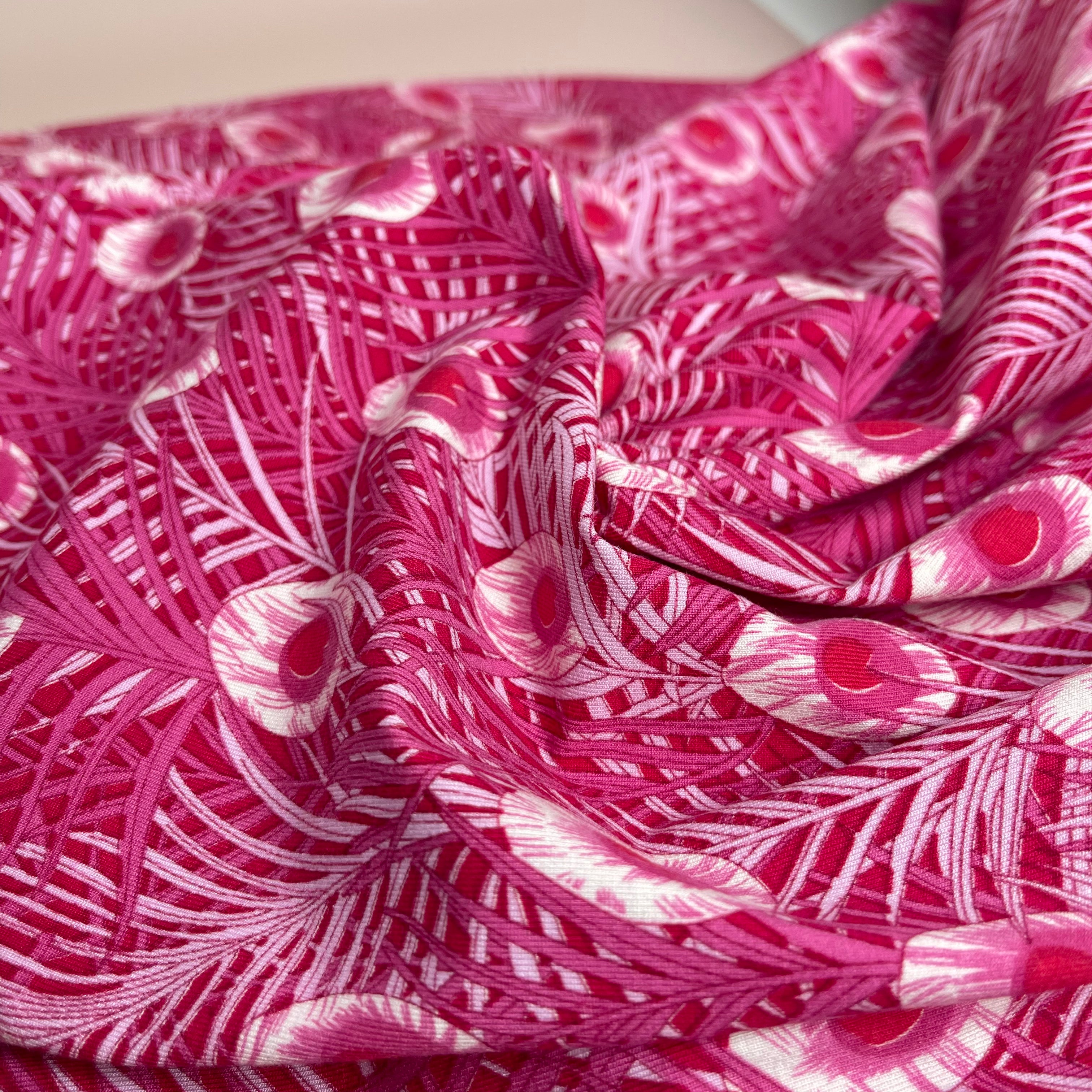 Peacock Feathers Cerise Pink Viscose Jersey Fabric