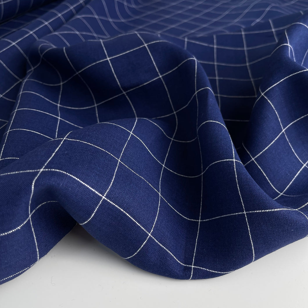 REMNANT 0.67 Metre - Monochrome Checks Cobalt Blue Linen Fabric