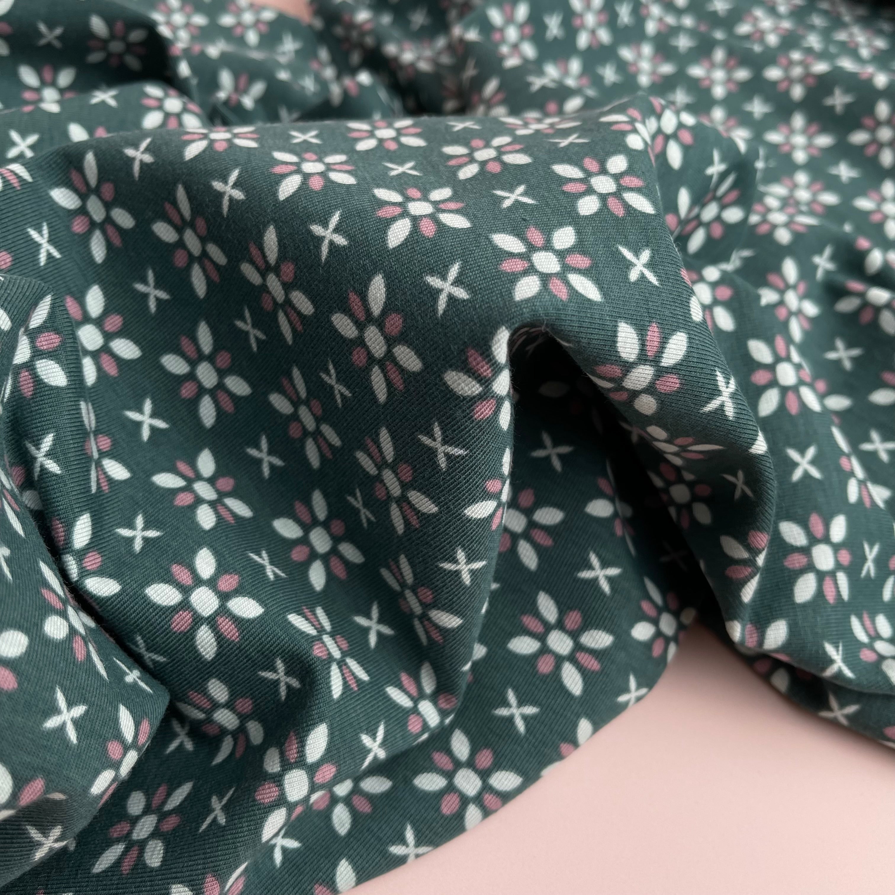 Graphic Flowers Teal Cotton Jersey