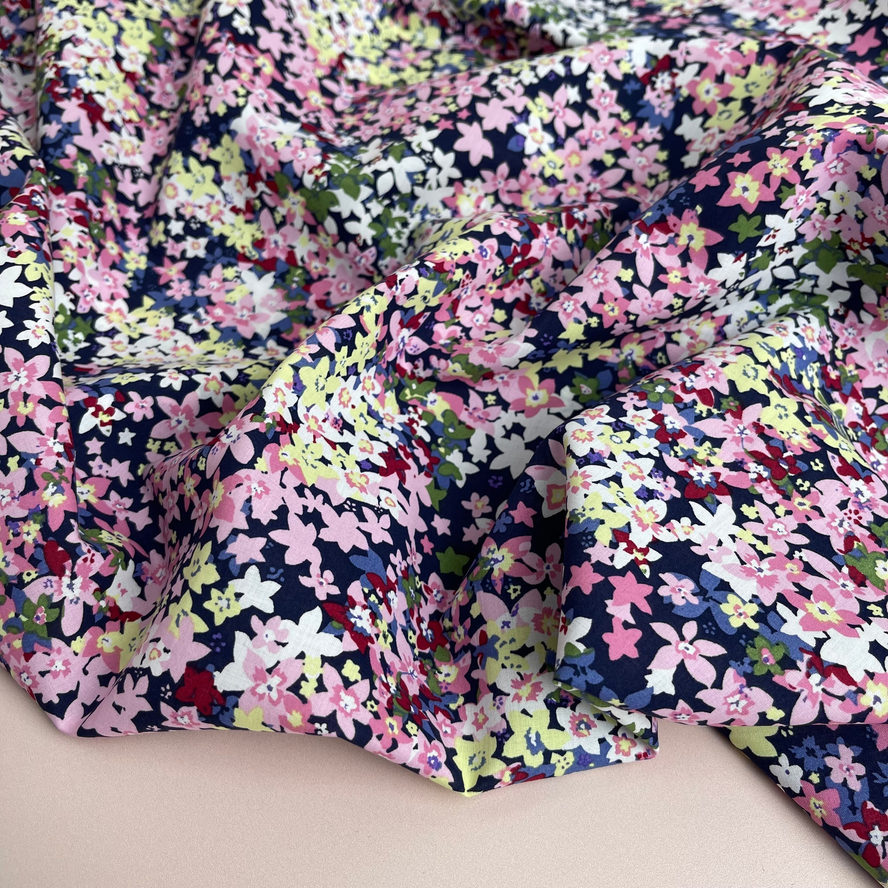 Ditsy Meadow Pink on Navy Cotton Lawn Fabric